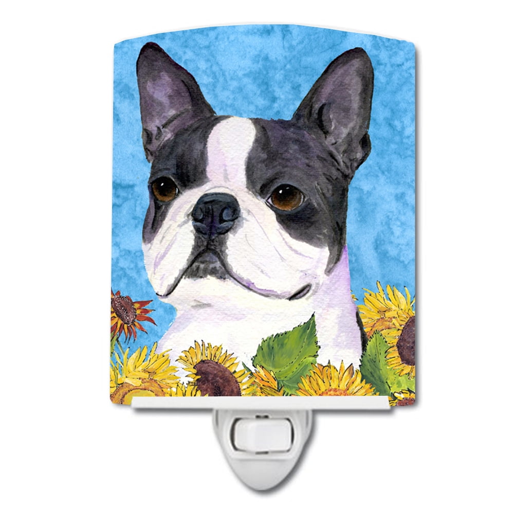 Boston Terrier in Summer Flowers Ceramic Night Light
