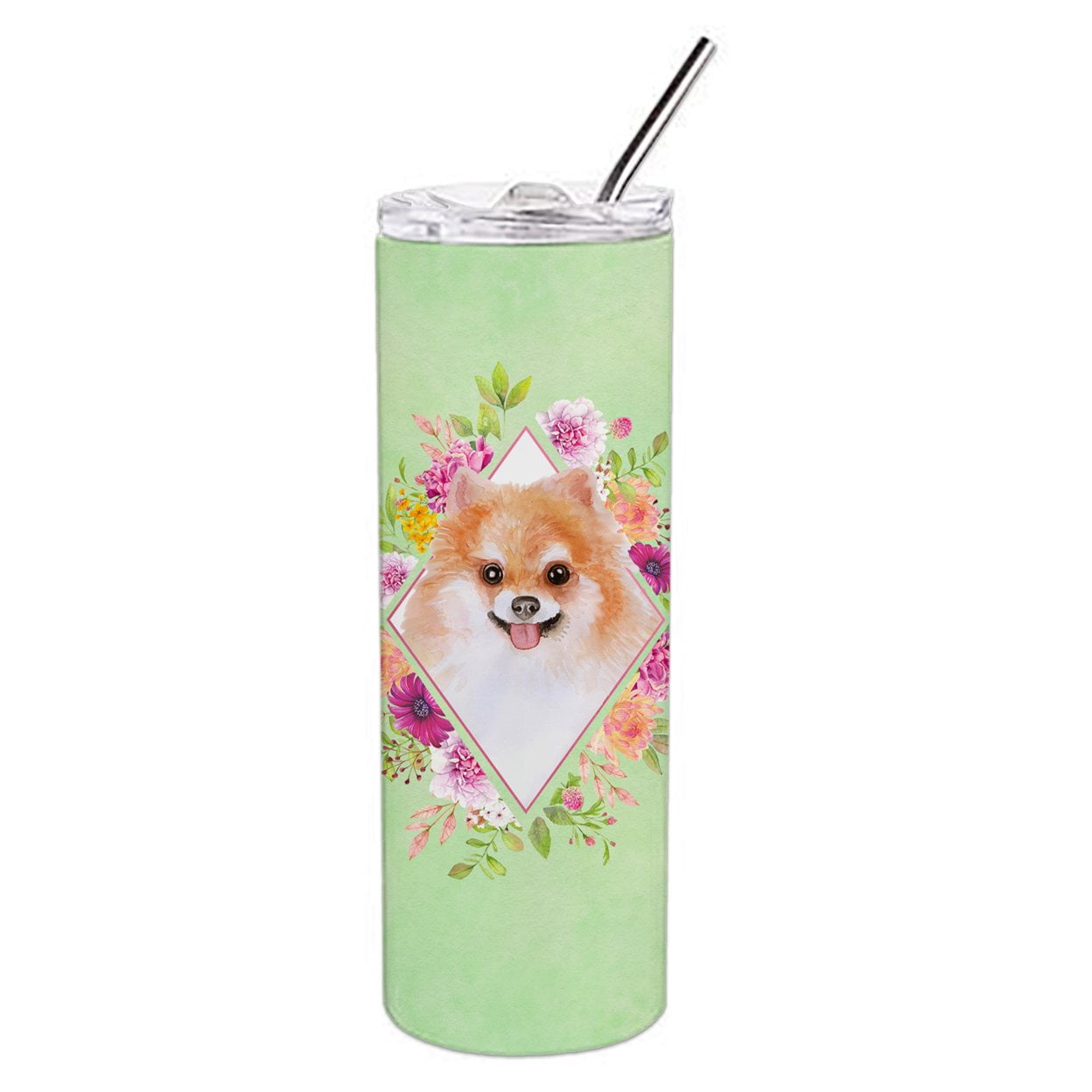 Picture of Carolines Treasures CK4329TBL20 20 oz Pomeranian No.1 Green Flowers Double Walled Stainless Steel Skinny Tumbler