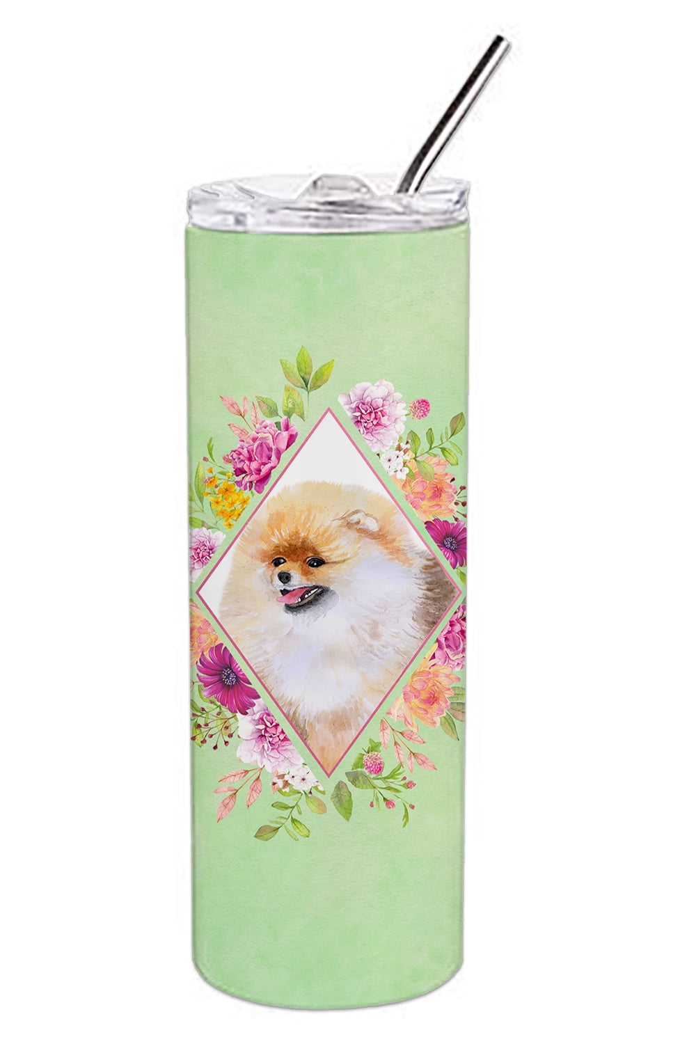 Picture of Carolines Treasures CK4330TBL20 20 oz Pomeranian No.2 Green Flowers Double Walled Stainless Steel Skinny Tumbler