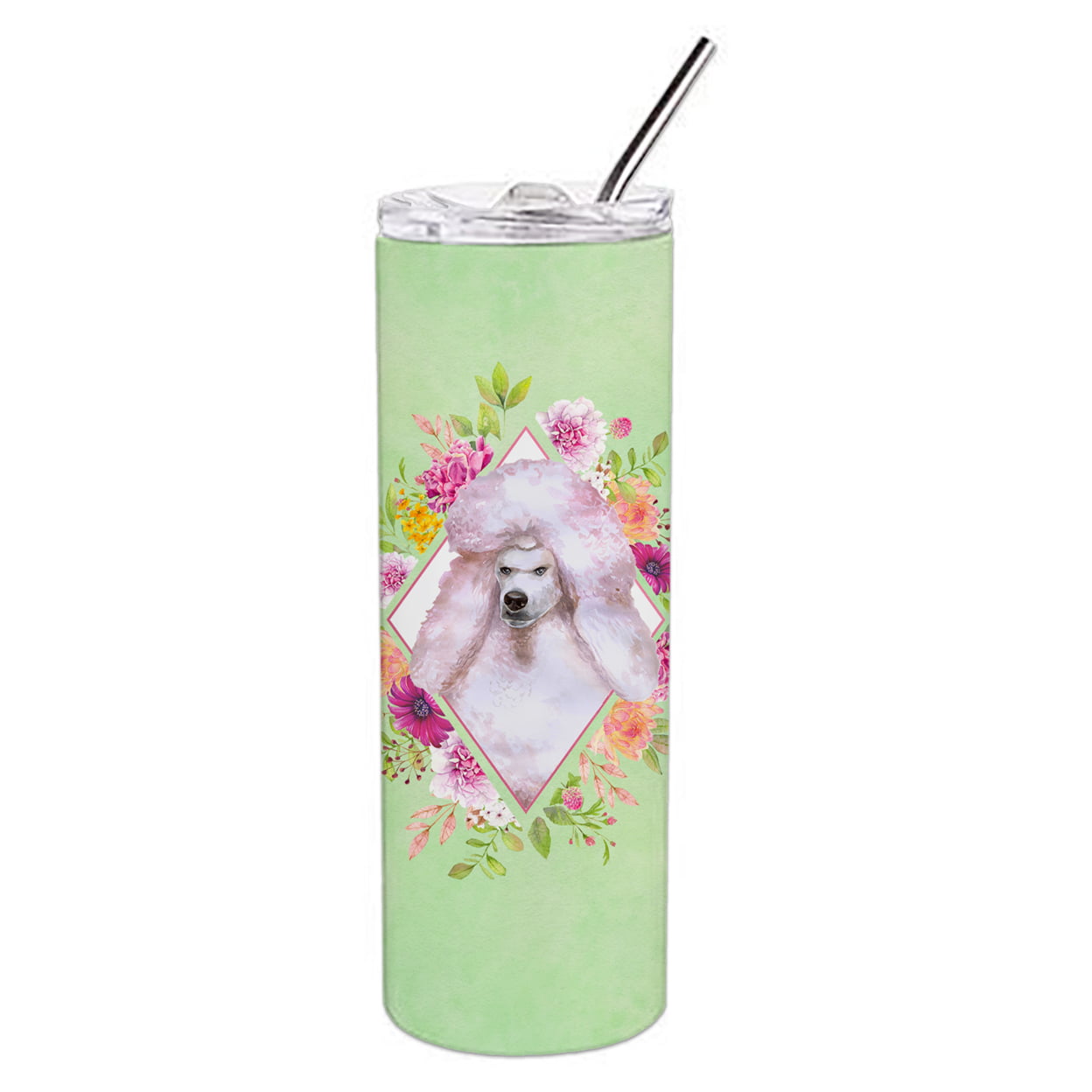 Picture of Carolines Treasures CK4331TBL20 20 oz Standard White Poodle Green Flowers Double Walled Stainless Steel Skinny Tumbler