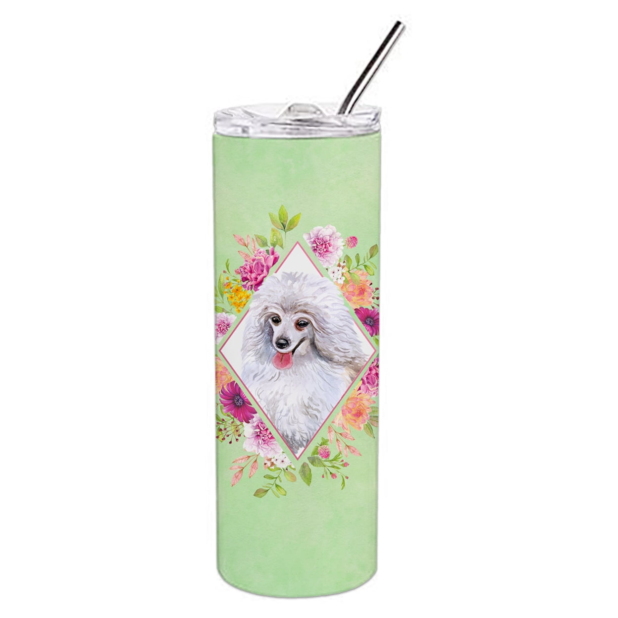 Picture of Carolines Treasures CK4332TBL20 20 oz White Mini Poodle Green Flowers Double Walled Stainless Steel Skinny Tumbler