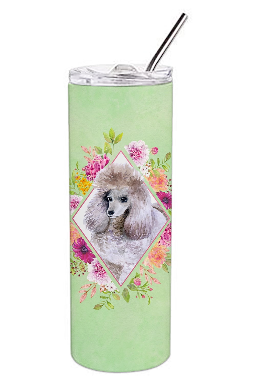 Picture of Carolines Treasures CK4333TBL20 20 oz Standard Grey Poodle Green Flowers Double Walled Stainless Steel Skinny Tumbler