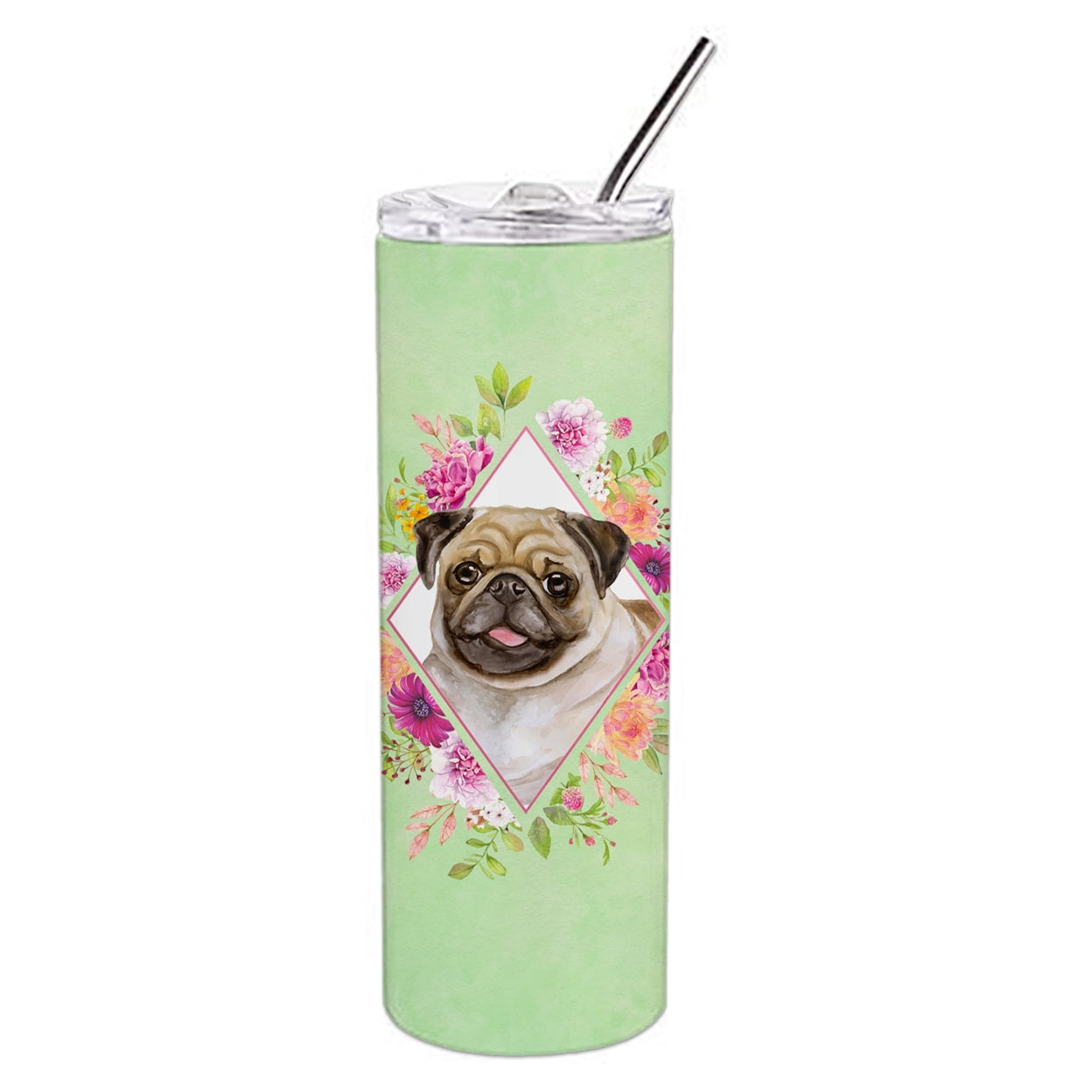 Picture of Carolines Treasures CK4334TBL20 20 oz Fawn Pug Green Flowers Double Walled Stainless Steel Skinny Tumbler