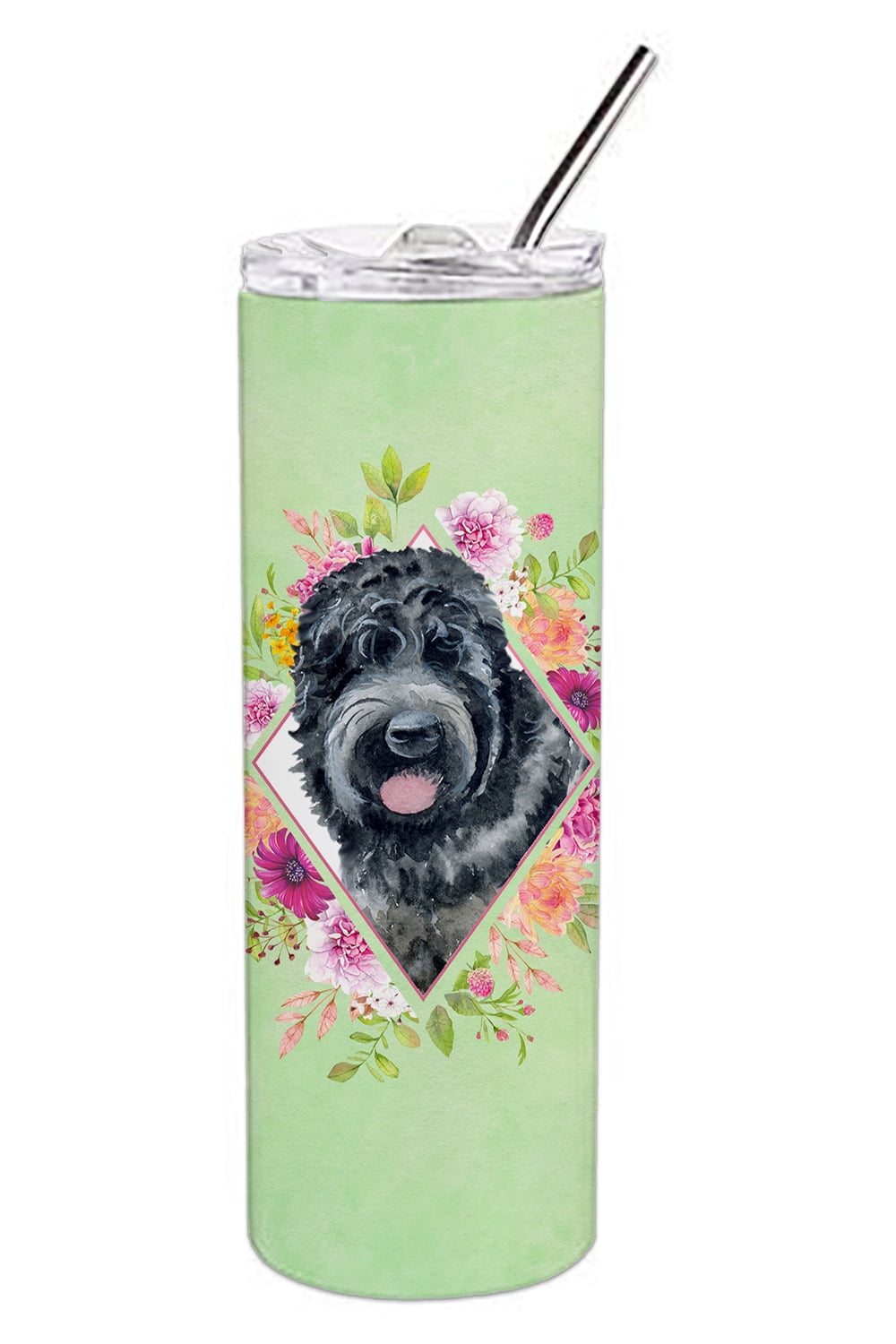 Picture of Carolines Treasures CK4336TBL20 20 oz Russian Black Terrier Green Flowers Double Walled Stainless Steel Skinny Tumbler