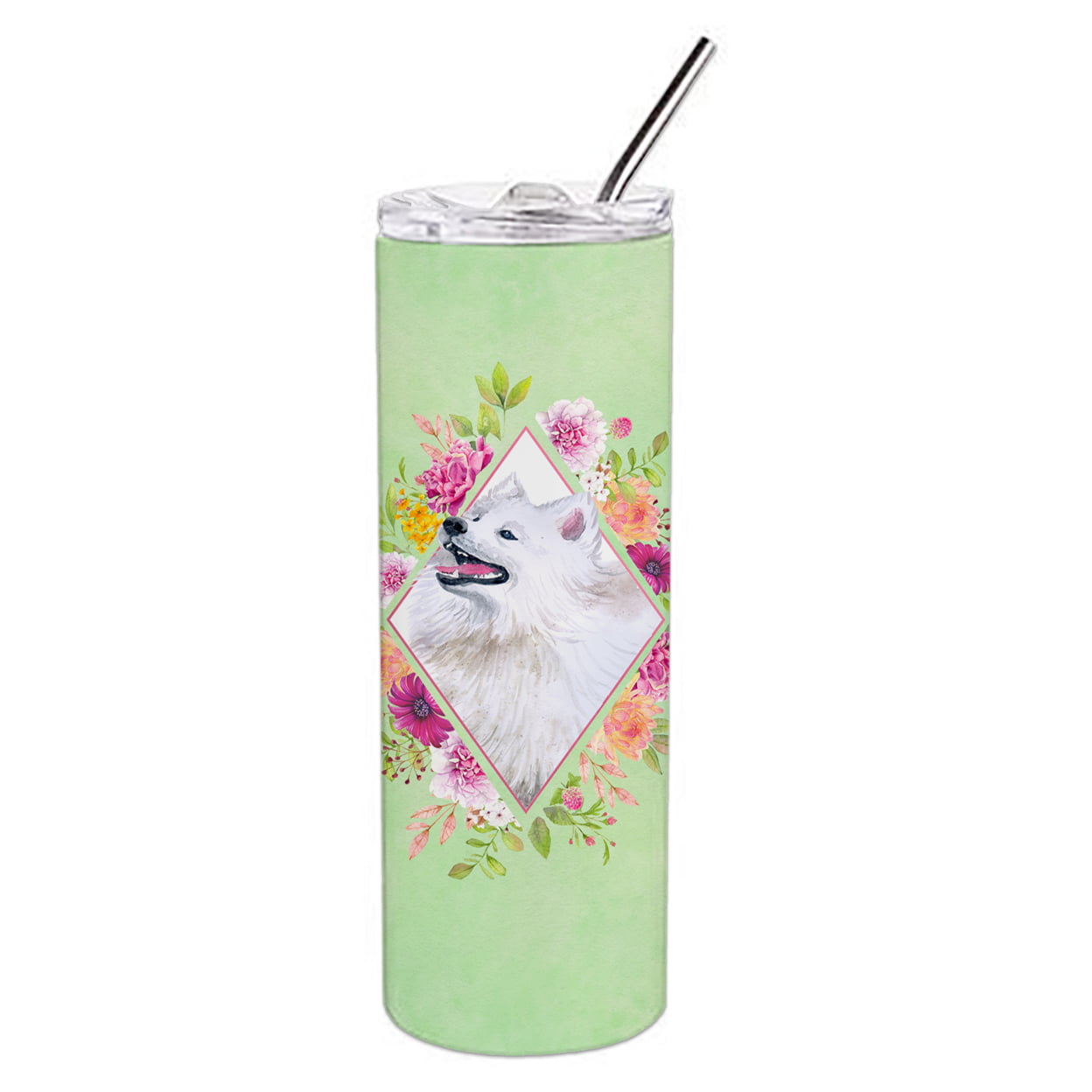 Picture of Carolines Treasures CK4337TBL20 20 oz Samoyed Green Flowers Double Walled Stainless Steel Skinny Tumbler