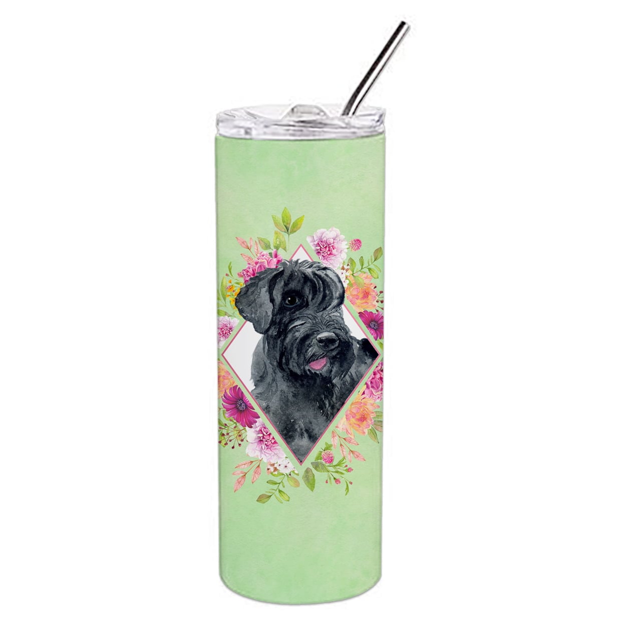 Picture of Carolines Treasures CK4338TBL20 20 oz Giant Schnauzer Green Flowers Double Walled Stainless Steel Skinny Tumbler