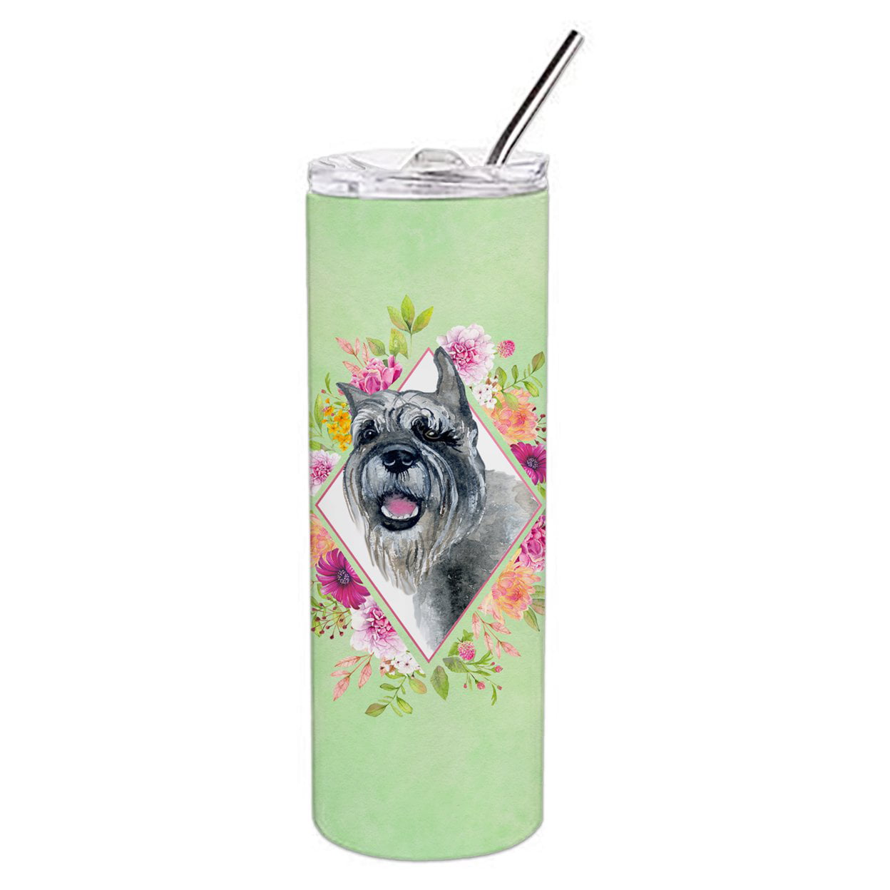 Picture of Carolines Treasures CK4339TBL20 20 oz Schnauzer Green Flowers Double Walled Stainless Steel Skinny Tumbler