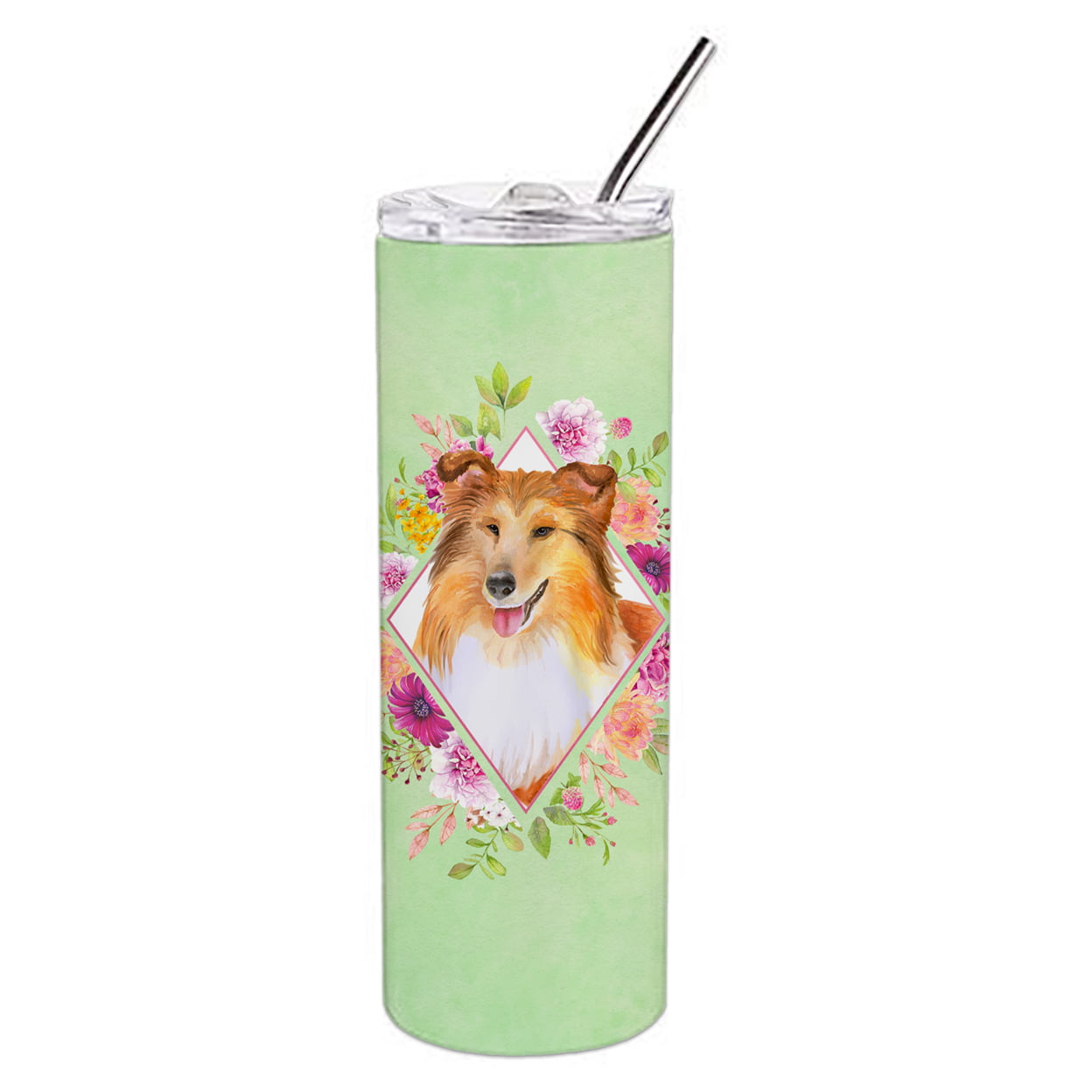 Picture of Carolines Treasures CK4342TBL20 20 oz Sheltie Shetland Sheepdog Green Flowers Double Walled Stainless Steel Skinny Tumbler