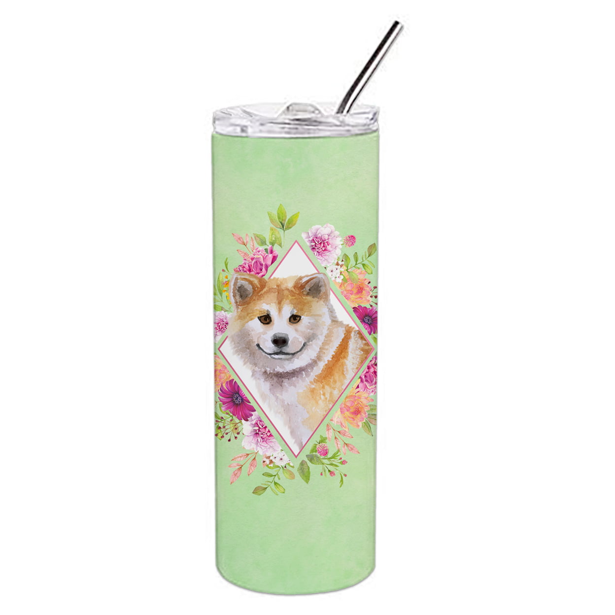 Picture of Carolines Treasures CK4343TBL20 20 oz Shiba Inu Green Flowers Double Walled Stainless Steel Skinny Tumbler