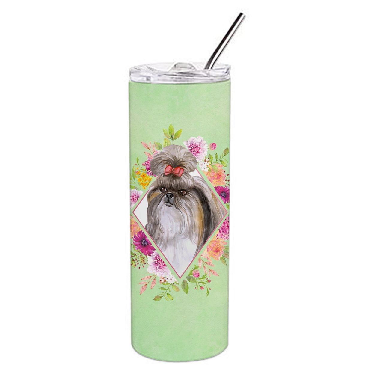 Picture of Carolines Treasures CK4344TBL20 20 oz Shih Tzu Green Flowers Double Walled Stainless Steel Skinny Tumbler
