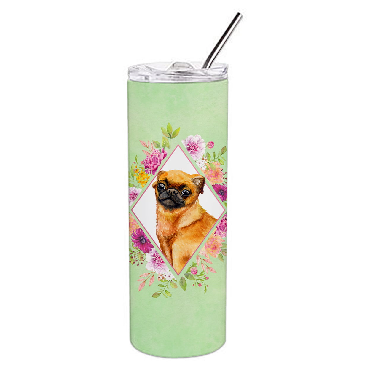 Picture of Carolines Treasures CK4345TBL20 20 oz Brabant Griffon Green Flowers Double Walled Stainless Steel Skinny Tumbler