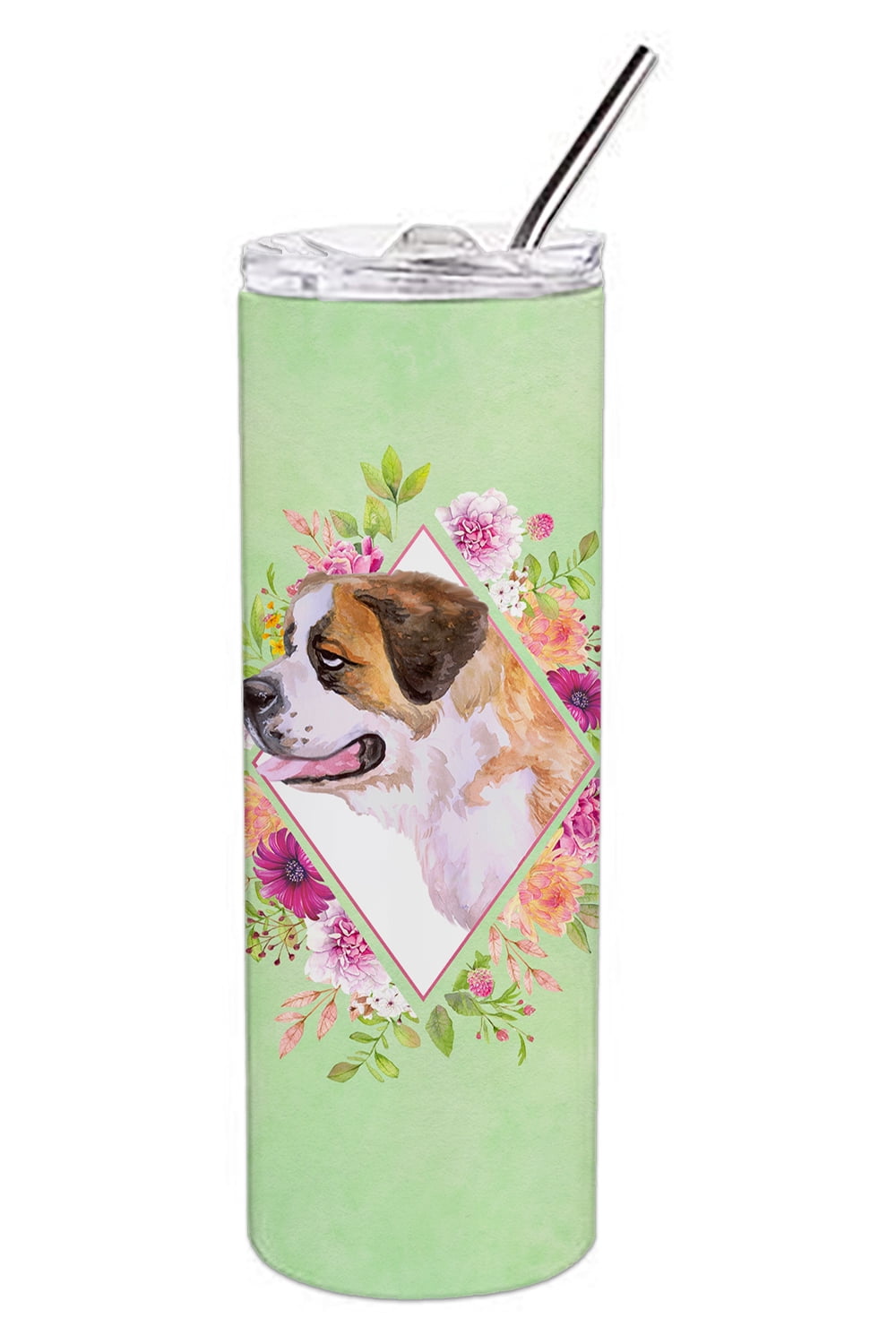 Picture of Carolines Treasures CK4346TBL20 20 oz Saint Bernard No.1 Green Flowers Double Walled Stainless Steel Skinny Tumbler