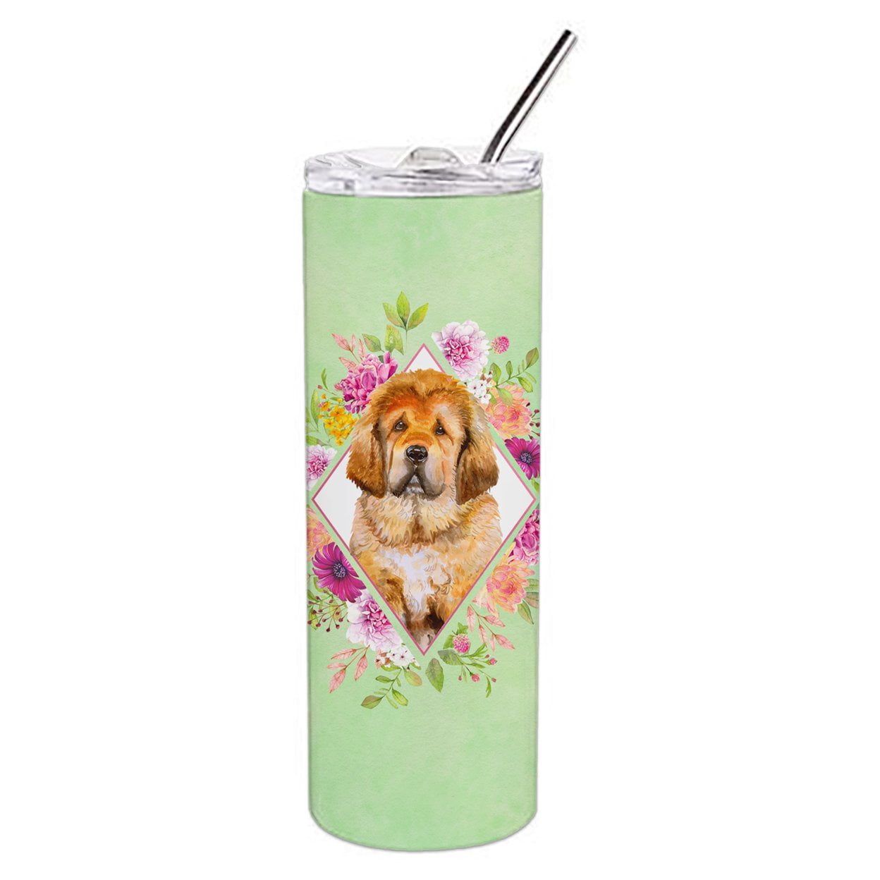 Picture of Carolines Treasures CK4349TBL20 20 oz Tibetian Mastiff Puppy Green Flowers Double Walled Stainless Steel Skinny Tumbler