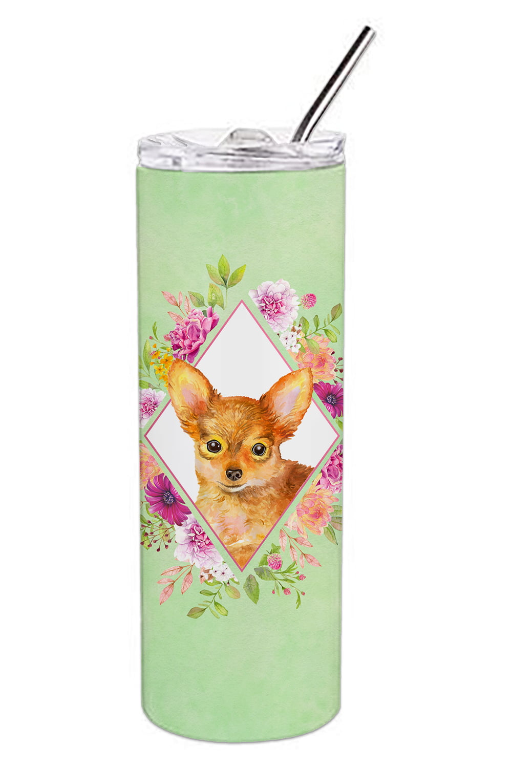 Picture of Carolines Treasures CK4350TBL20 20 oz Toy Terrier Green Flowers Double Walled Stainless Steel Skinny Tumbler