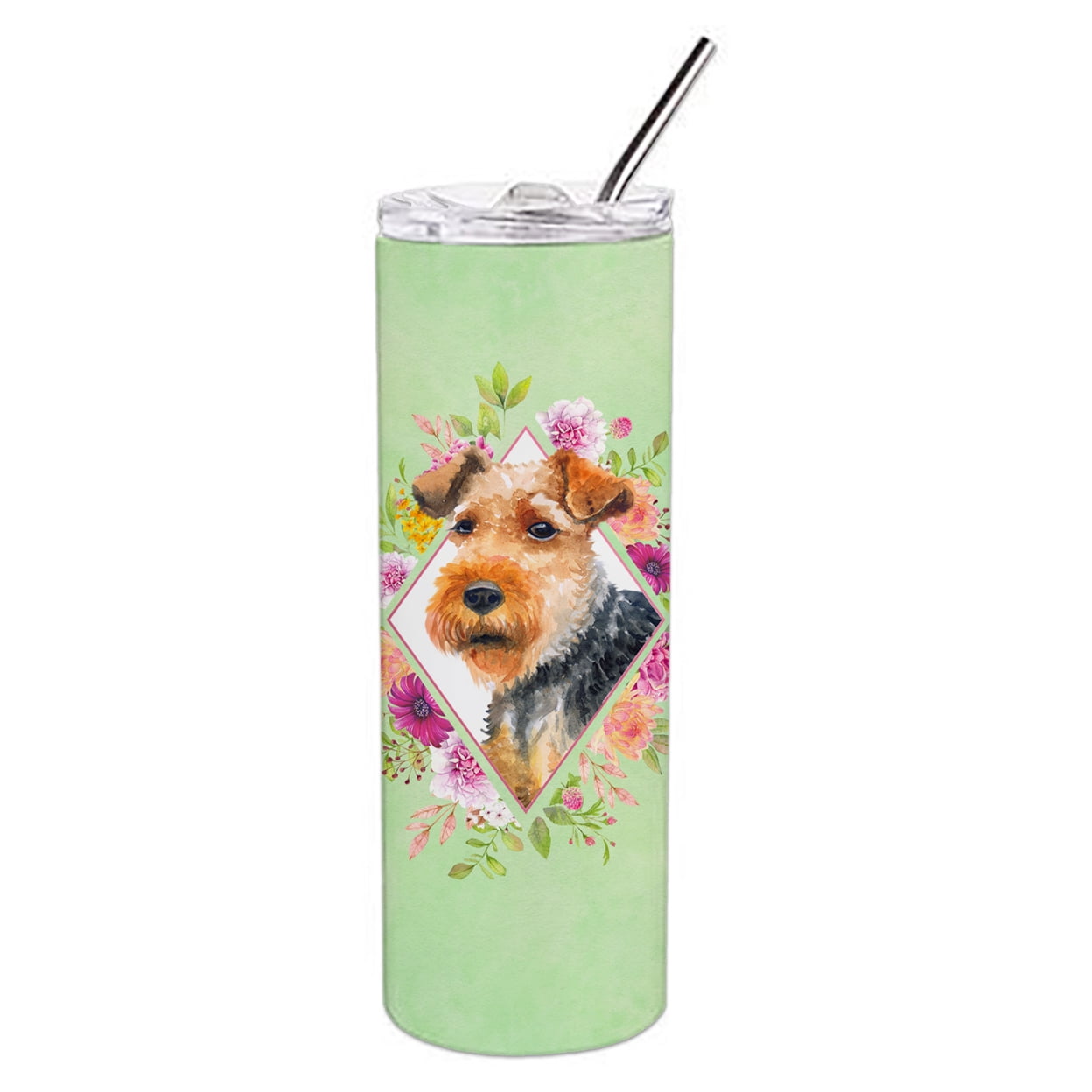 Picture of Carolines Treasures CK4352TBL20 20 oz Welsh Terrier Green Flowers Double Walled Stainless Steel Skinny Tumbler