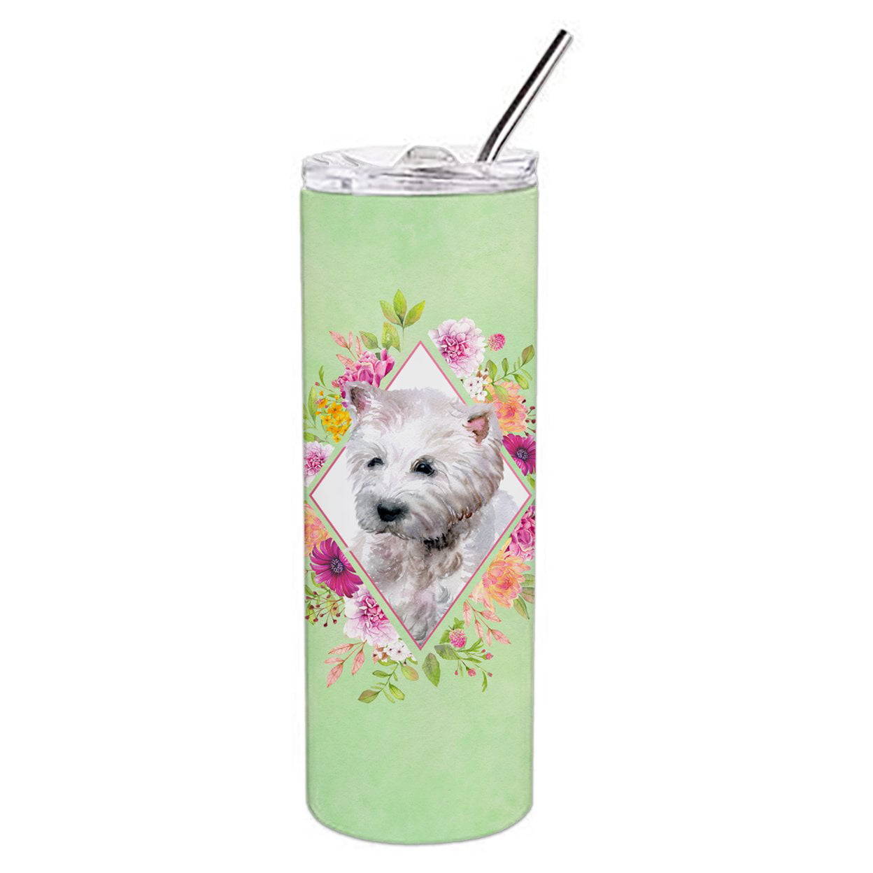 Picture of Carolines Treasures CK4353TBL20 20 oz West Highland White Terrier Green Flowers Double Walled Stainless Steel Skinny Tumbler