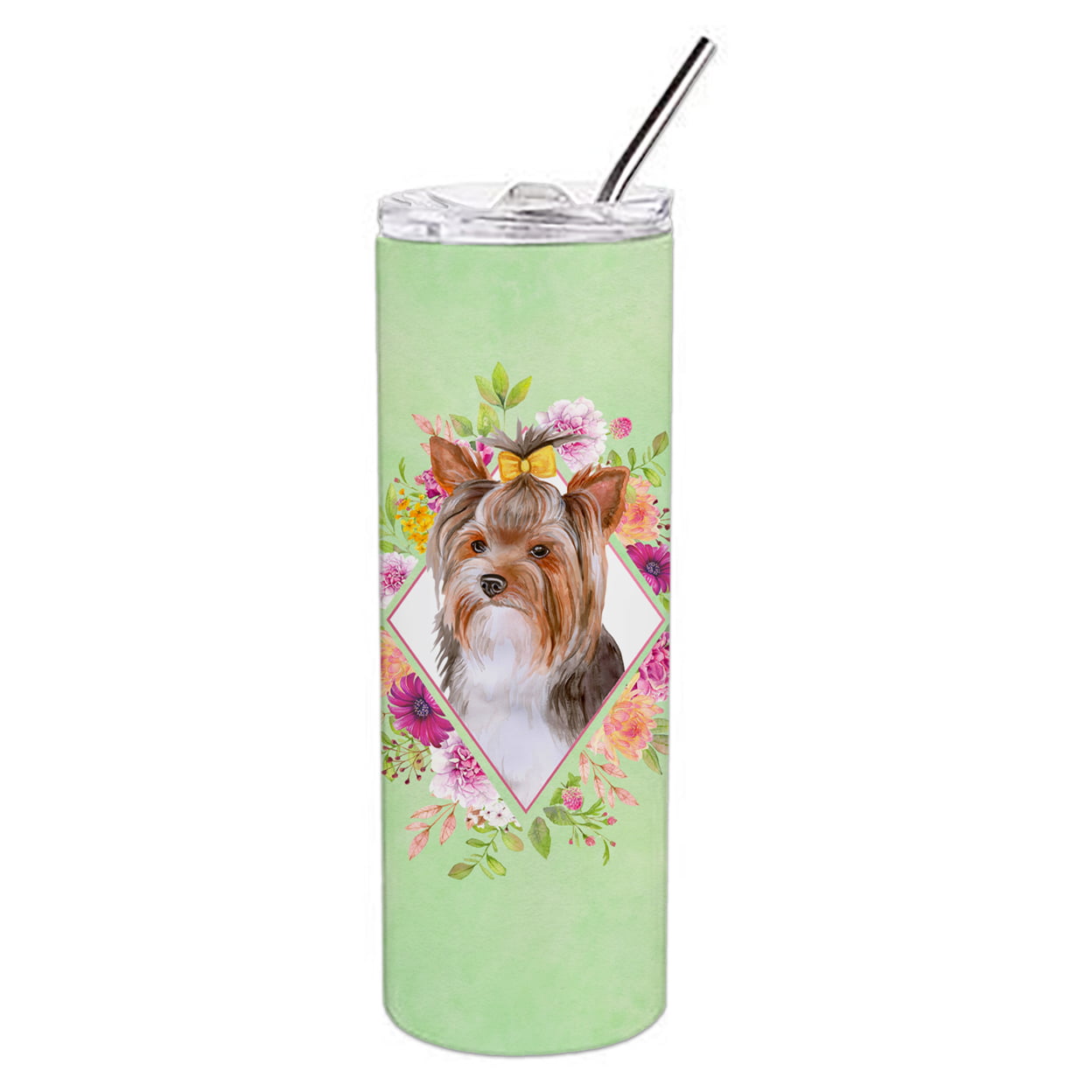 Picture of Carolines Treasures CK4354TBL20 20 oz Yorkshire Terrier No.1 Green Flowers Double Walled Stainless Steel Skinny Tumbler
