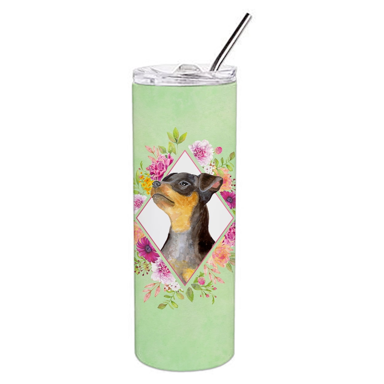 Picture of Carolines Treasures CK4356TBL20 20 oz Black Miniature Pinscher Green Flowers Double Walled Stainless Steel Skinny Tumbler