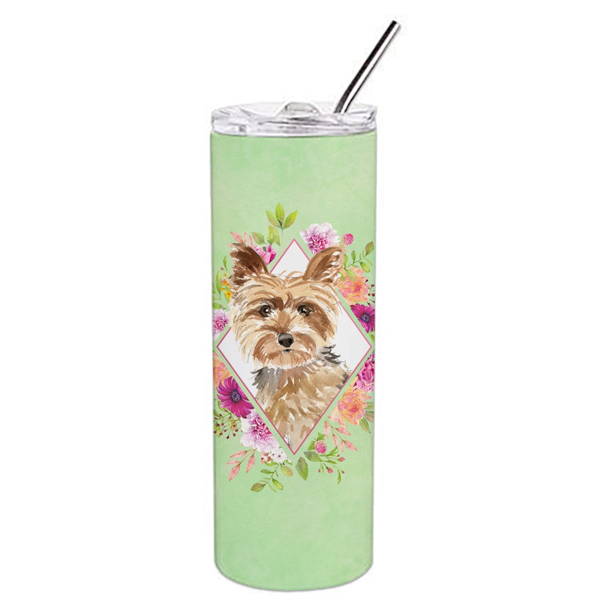 Picture of Carolines Treasures CK4357TBL20 20 oz Yorkie Green Flowers Double Walled Stainless Steel Skinny Tumbler