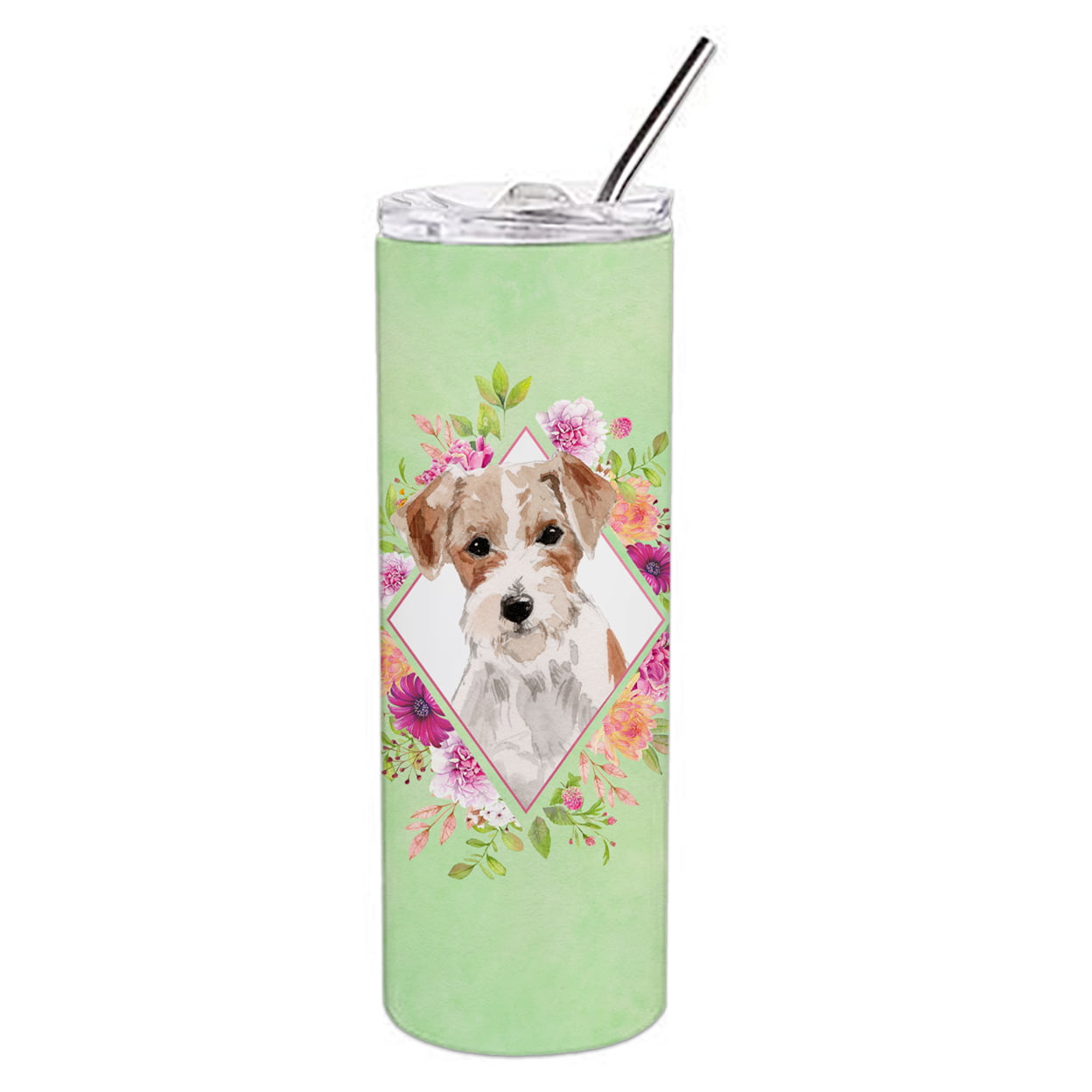 Picture of Carolines Treasures CK4358TBL20 20 oz Jack Russell Terrier Green Flowers Double Walled Stainless Steel Skinny Tumbler