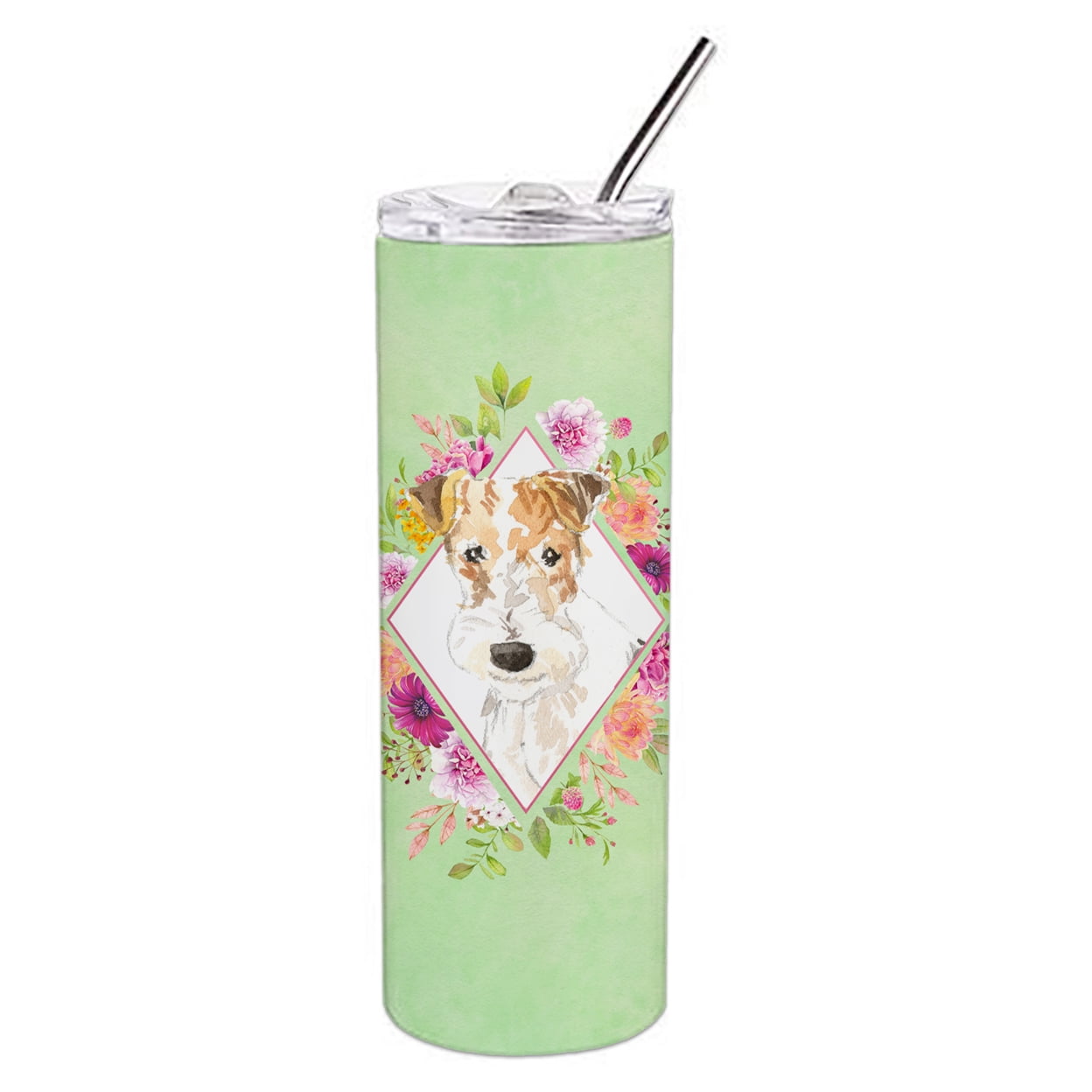 Picture of Carolines Treasures CK4359TBL20 20 oz Fox Terrier Green Flowers Double Walled Stainless Steel Skinny Tumbler