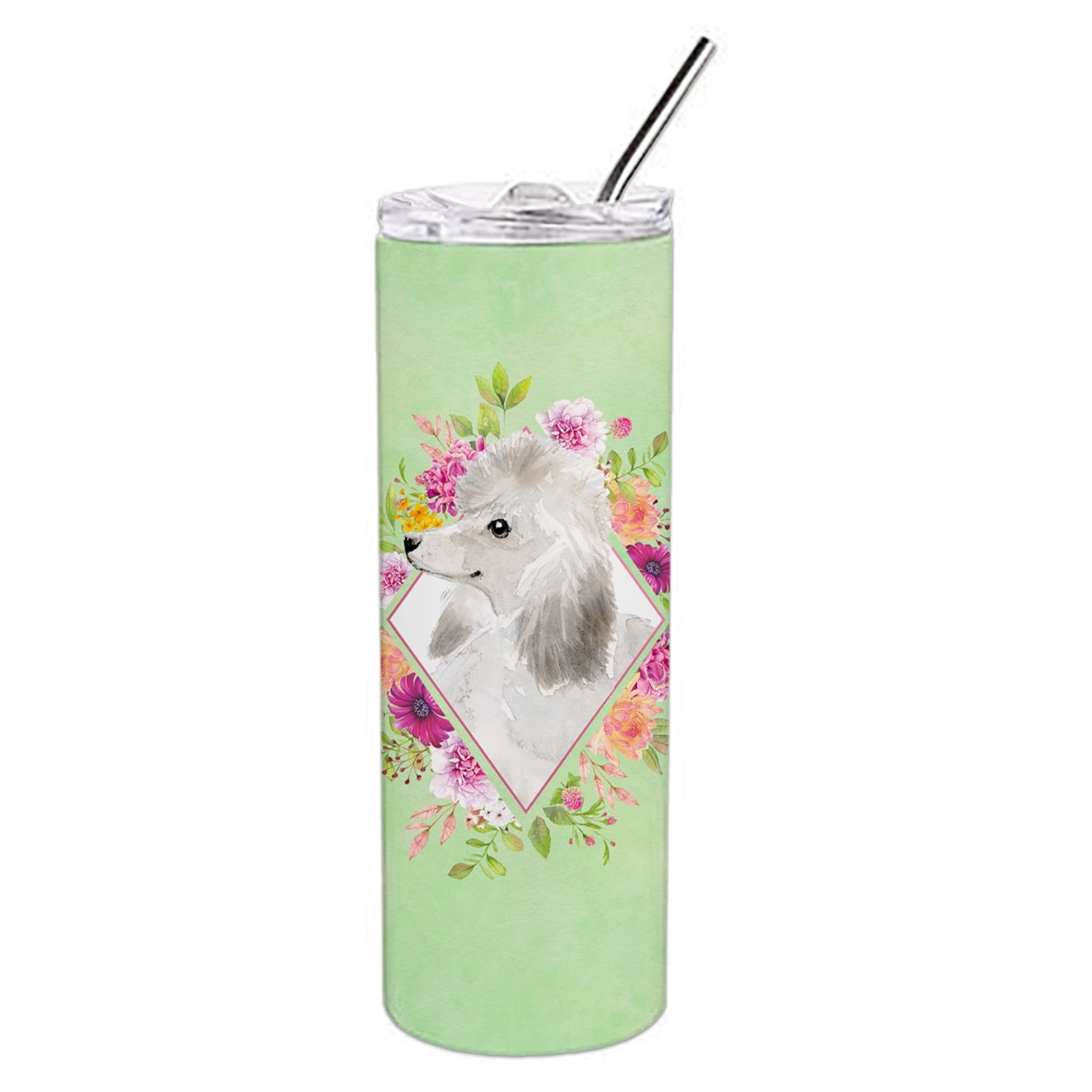 Picture of Carolines Treasures CK4360TBL20 20 oz White Standard Poodle Green Flowers Double Walled Stainless Steel Skinny Tumbler