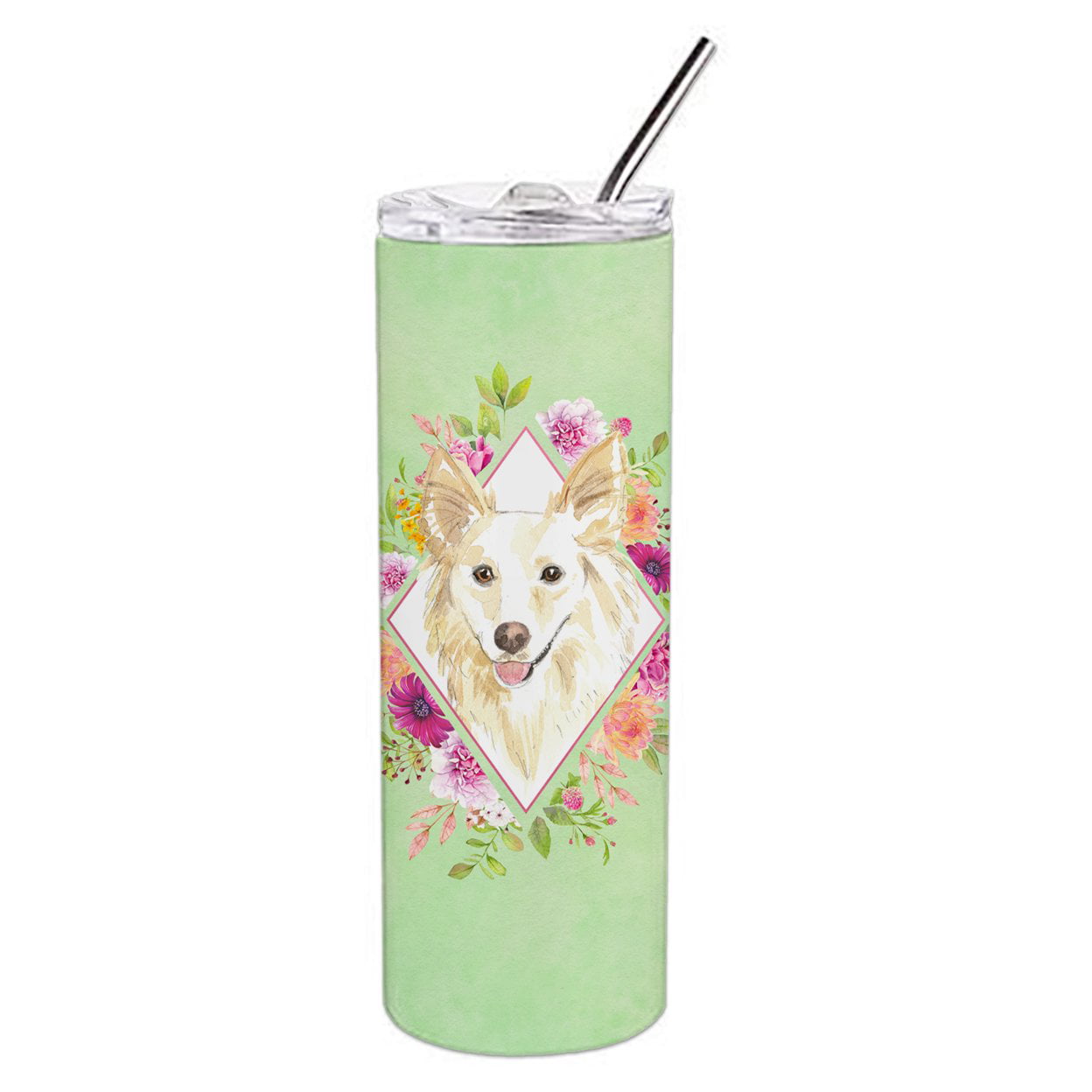 Picture of Carolines Treasures CK4361TBL20 20 oz White Collie Green Flowers Double Walled Stainless Steel Skinny Tumbler