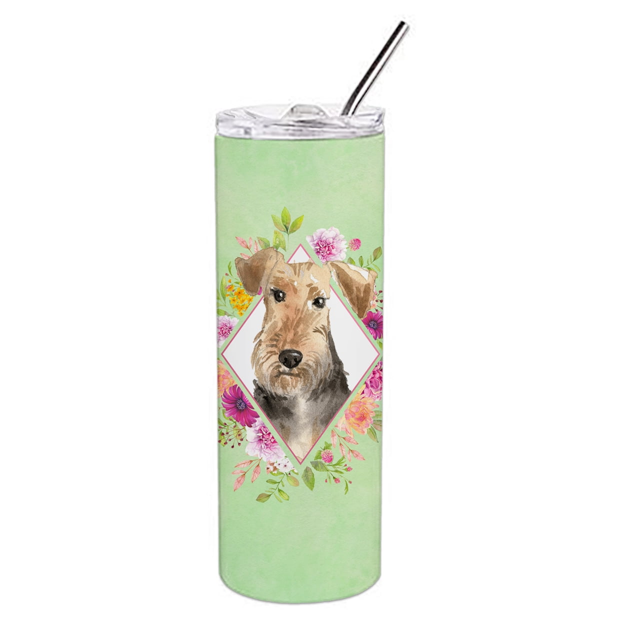 Picture of Carolines Treasures CK4364TBL20 20 oz Airedale Terrier Green Flowers Double Walled Stainless Steel Skinny Tumbler