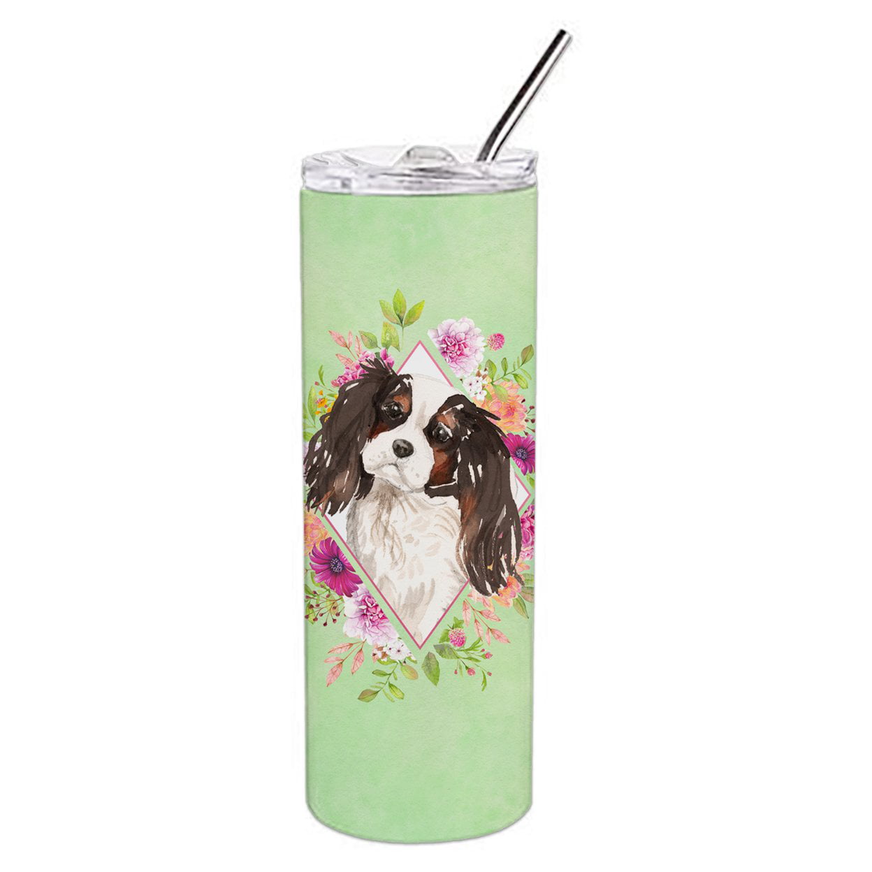 Picture of Carolines Treasures CK4366TBL20 20 oz Tricolor Cavalier Spaniel Green Flowers Double Walled Stainless Steel Skinny Tumbler