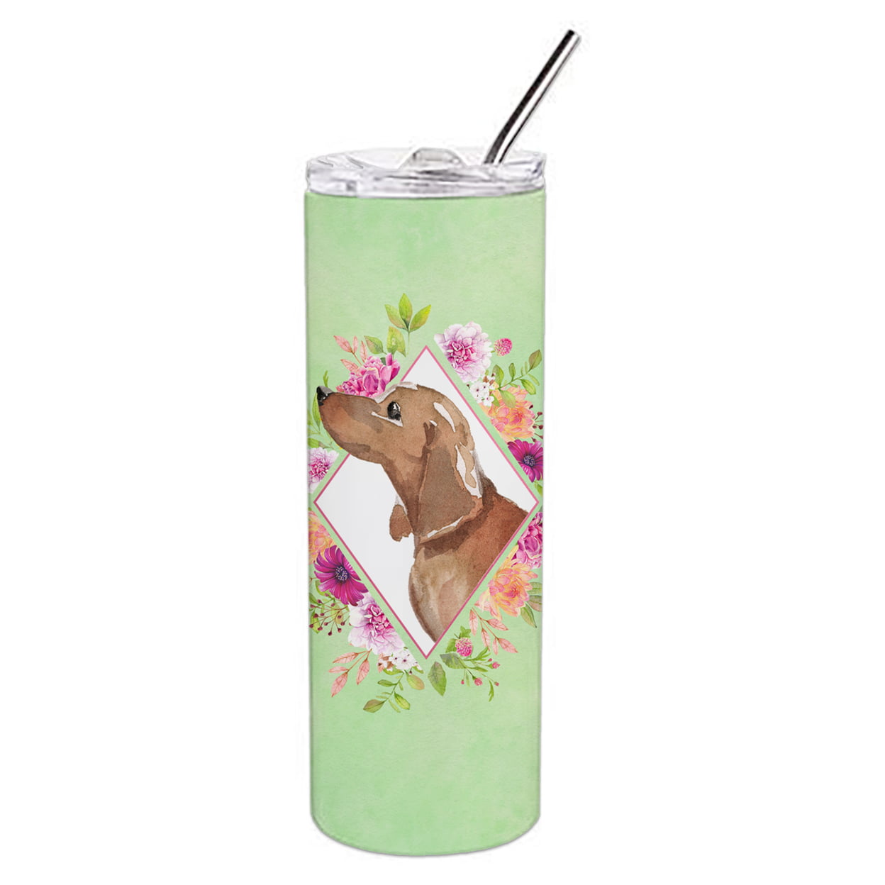 Picture of Carolines Treasures CK4367TBL20 20 oz Dachshund Green Flowers Double Walled Stainless Steel Skinny Tumbler