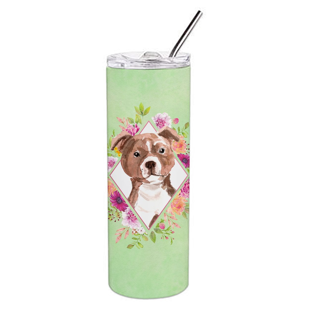 Picture of Carolines Treasures CK4368TBL20 20 oz Staffie Bull Terrier Green Flowers Double Walled Stainless Steel Skinny Tumbler