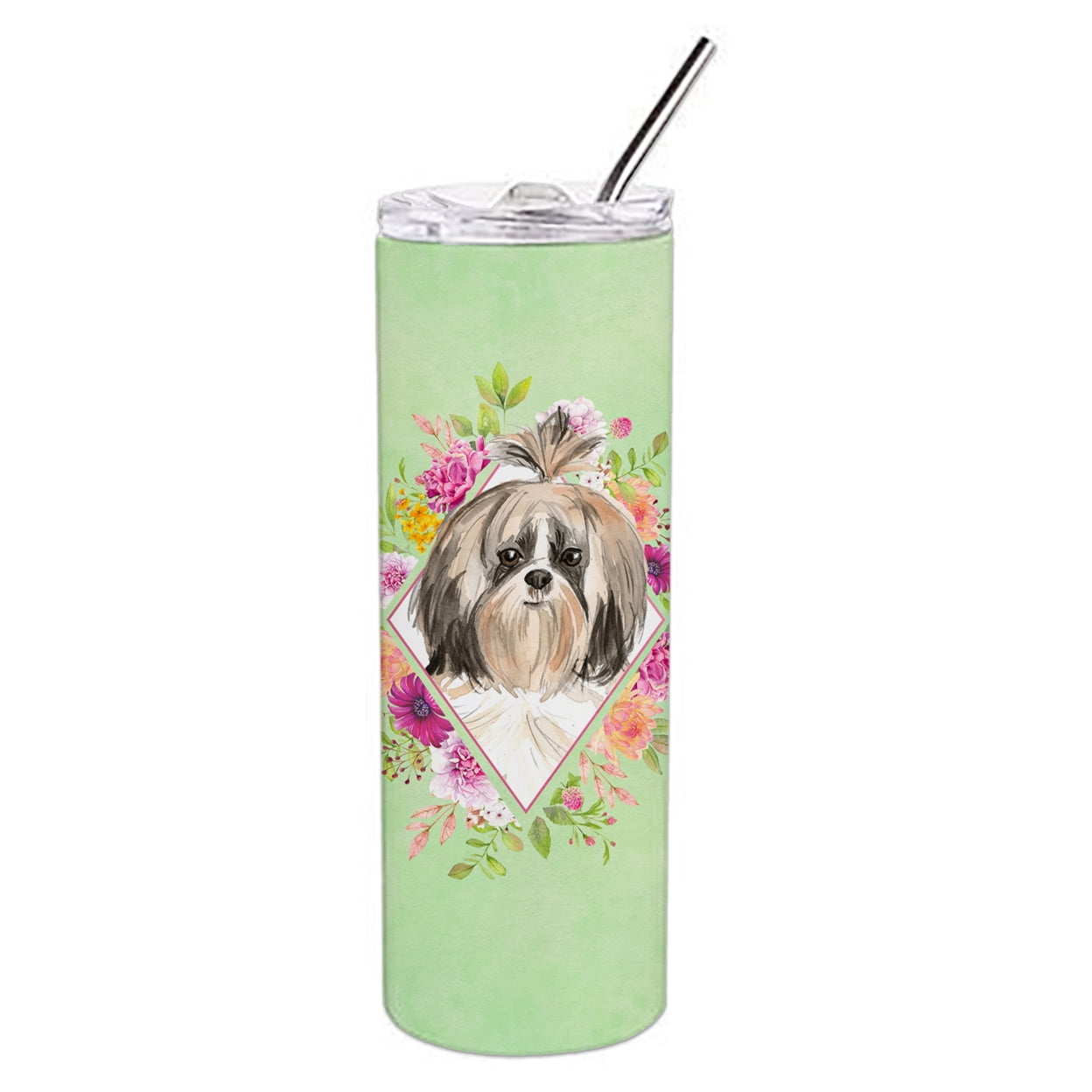 Picture of Carolines Treasures CK4372TBL20 20 oz Shih Tzu Green Flowers Double Walled Stainless Steel Skinny Tumbler