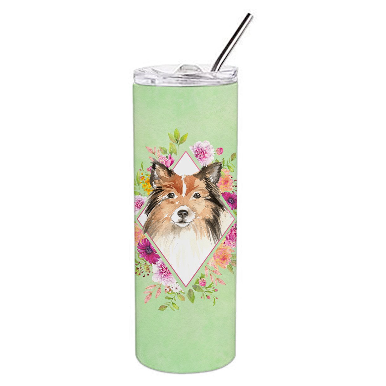 Picture of Carolines Treasures CK4373TBL20 20 oz Sheltie Green Flowers Double Walled Stainless Steel Skinny Tumbler