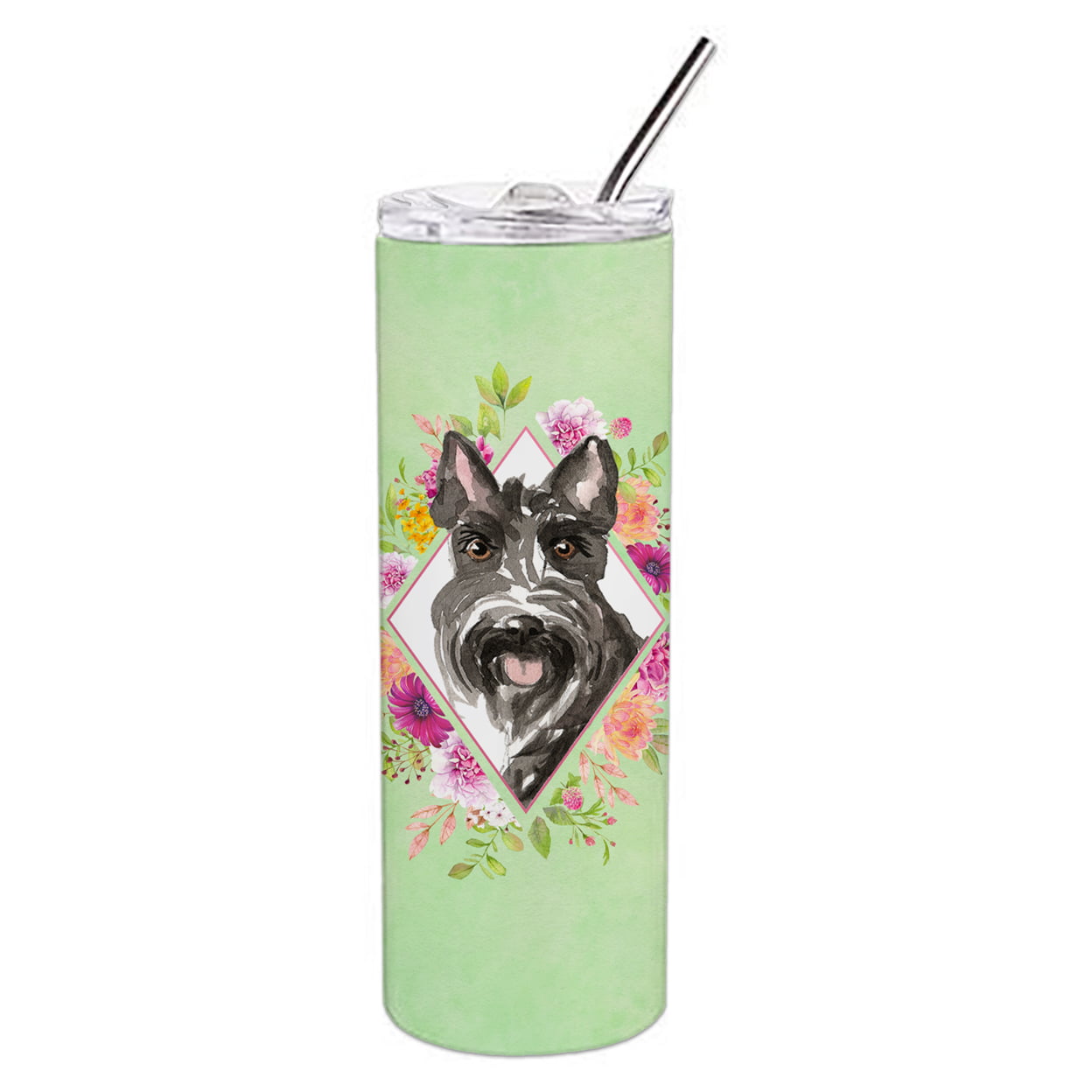 Picture of Carolines Treasures CK4374TBL20 20 oz Scottish Terrier Green Flowers Double Walled Stainless Steel Skinny Tumbler