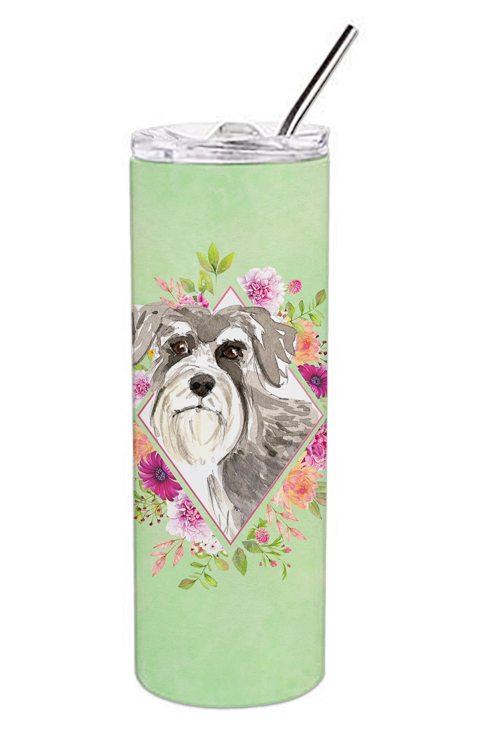 Picture of Carolines Treasures CK4375TBL20 20 oz Schnauzer No.1 Green Flowers Double Walled Stainless Steel Skinny Tumbler