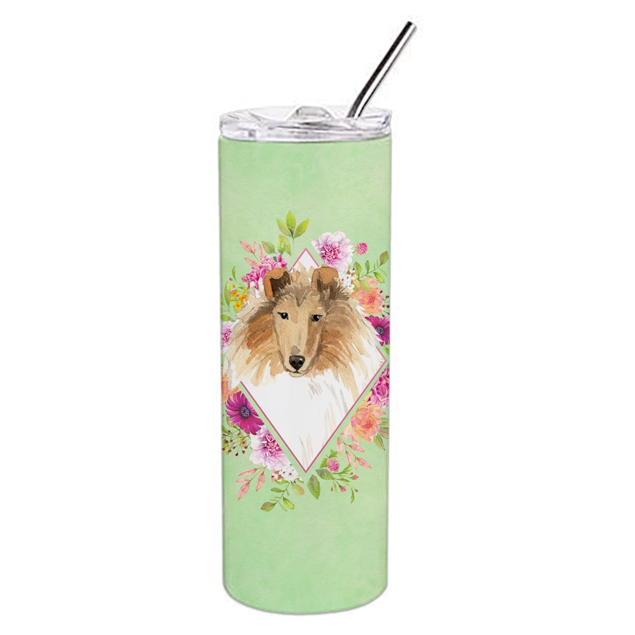 Picture of Carolines Treasures CK4376TBL20 20 oz Collie Green Flowers Double Walled Stainless Steel Skinny Tumbler