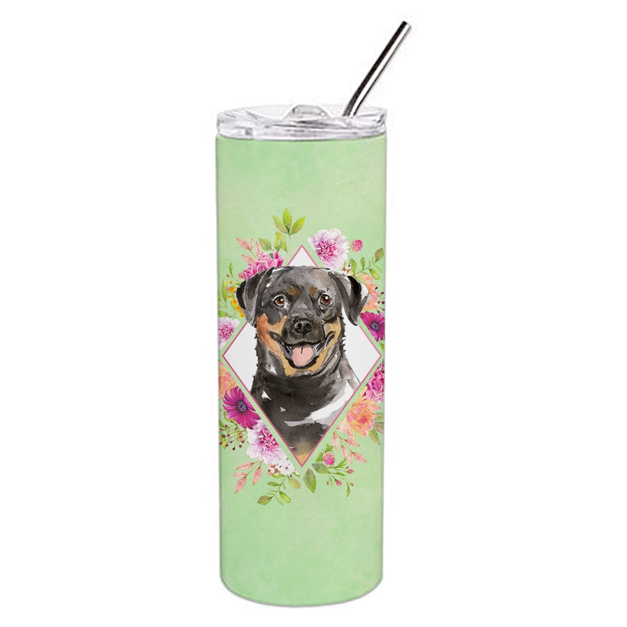 Picture of Carolines Treasures CK4377TBL20 20 oz Rottweiler Green Flowers Double Walled Stainless Steel Skinny Tumbler