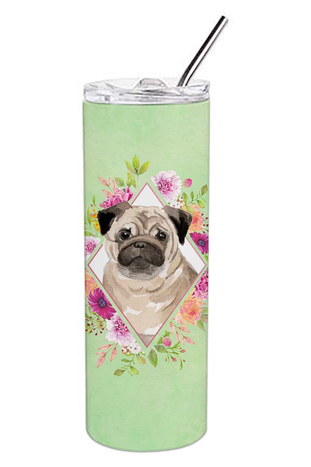 Picture of Carolines Treasures CK4378TBL20 20 oz Fawn Pug Green Flowers Double Walled Stainless Steel Skinny Tumbler