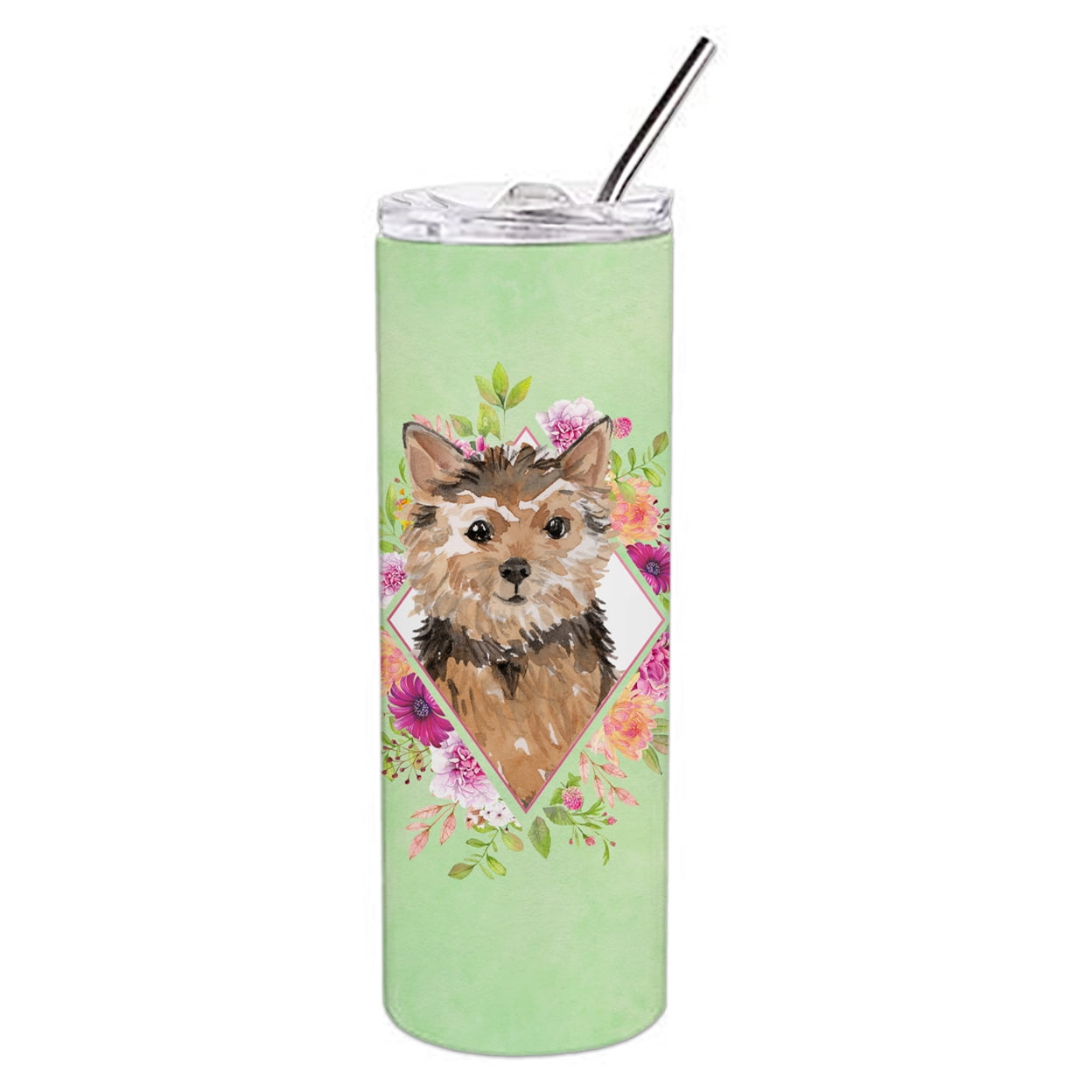 Picture of Carolines Treasures CK4380TBL20 20 oz Norwich Terrier Green Flowers Double Walled Stainless Steel Skinny Tumbler