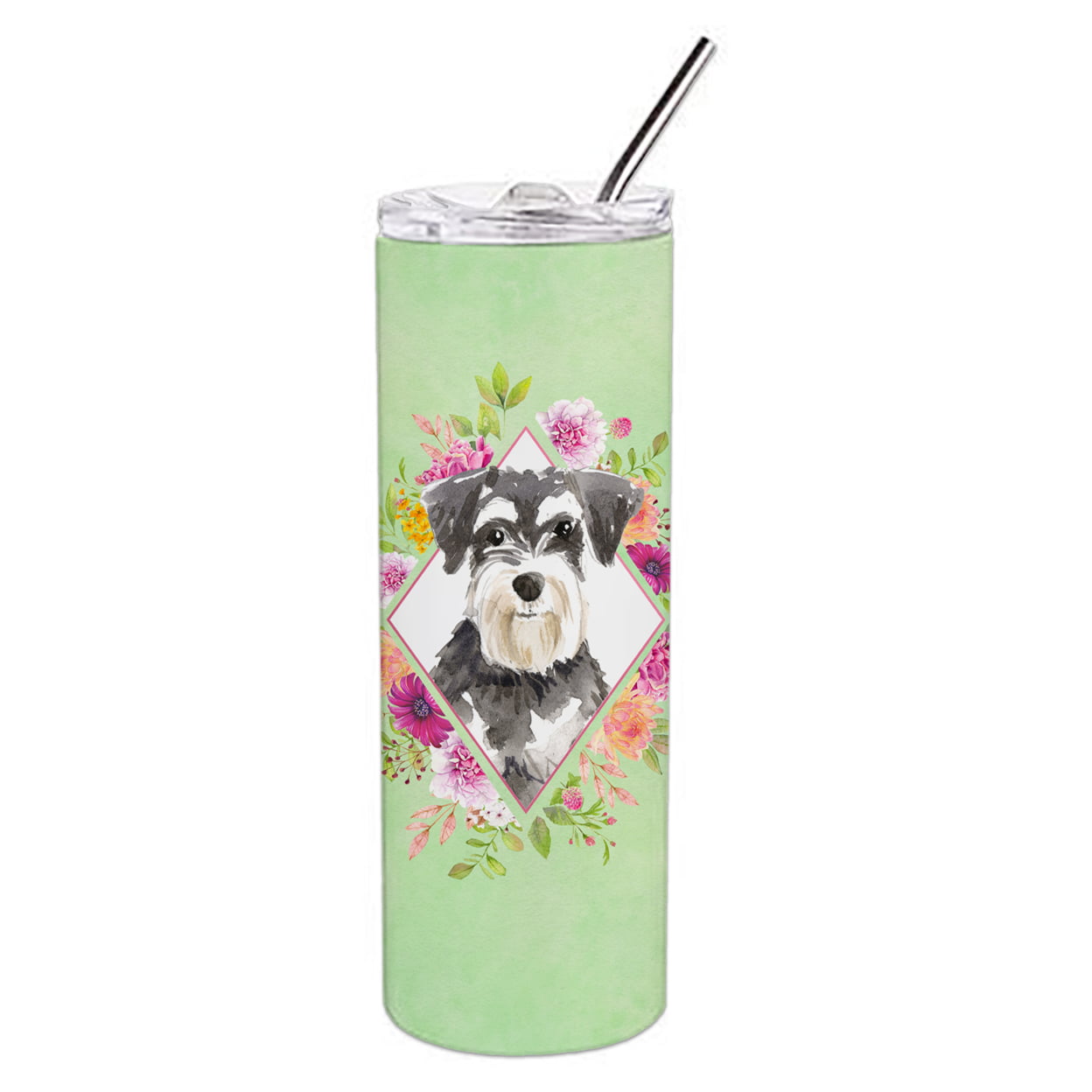 Picture of Carolines Treasures CK4382TBL20 20 oz Schnauzer No.2 Green Flowers Double Walled Stainless Steel Skinny Tumbler