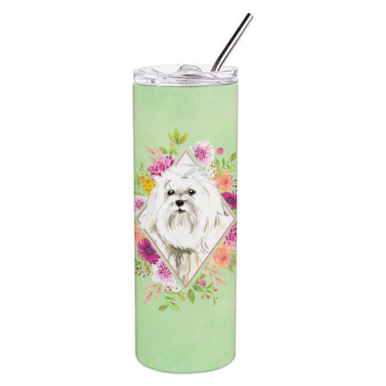 Picture of Carolines Treasures CK4383TBL20 20 oz Maltese Green Flowers Double Walled Stainless Steel Skinny Tumbler