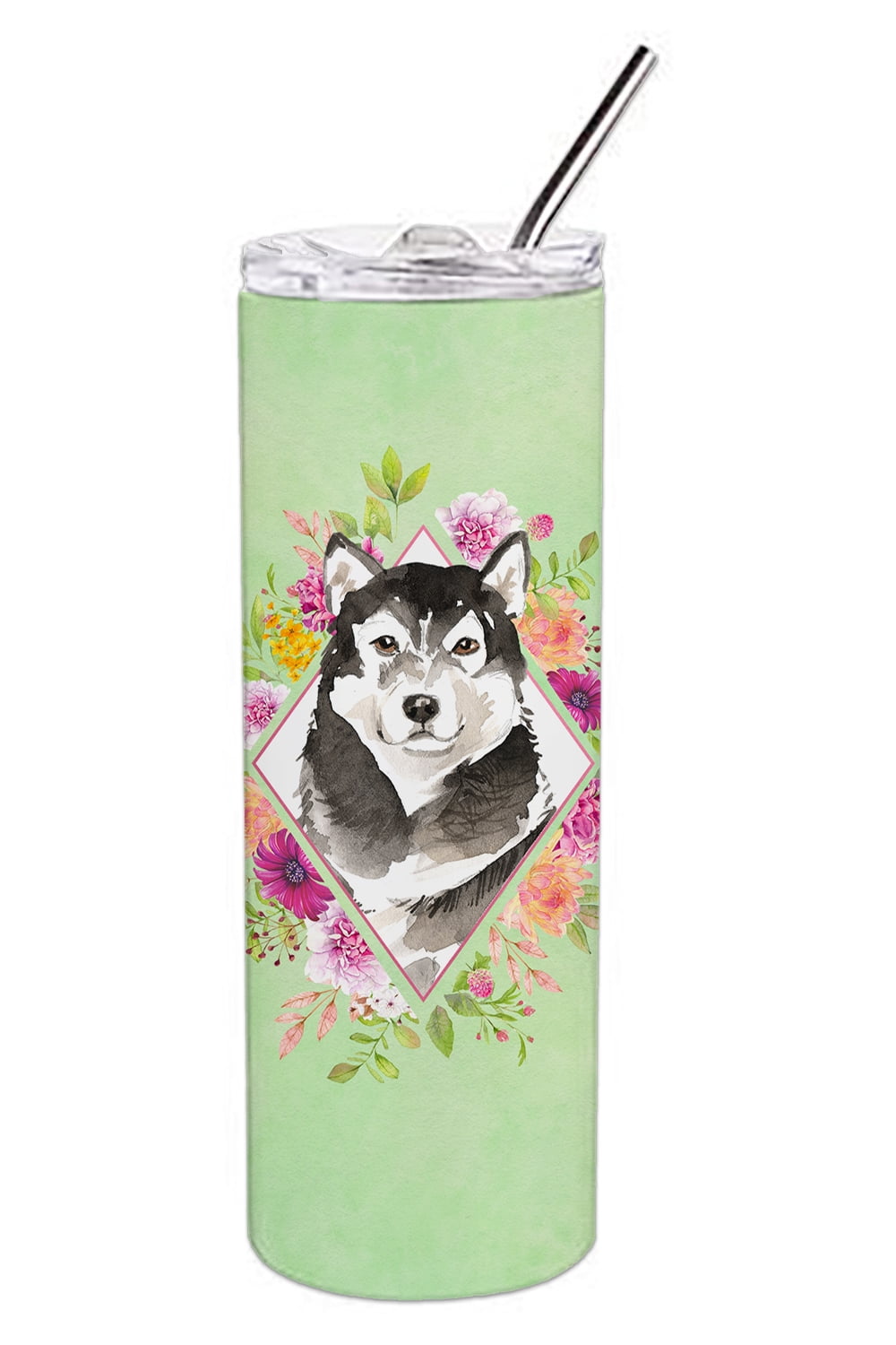 Picture of Carolines Treasures CK4384TBL20 20 oz Alaskan Malamute Green Flowers Double Walled Stainless Steel Skinny Tumbler