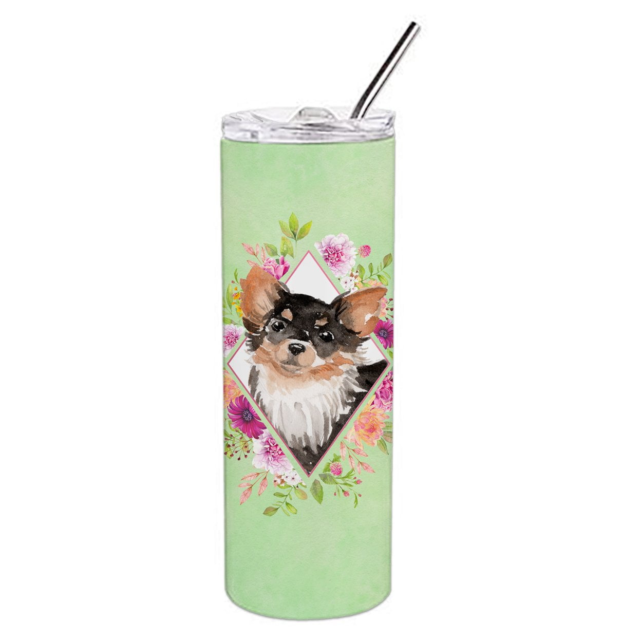Picture of Carolines Treasures CK4385TBL20 20 oz Longhaired Chihuahua Green Flowers Double Walled Stainless Steel Skinny Tumbler