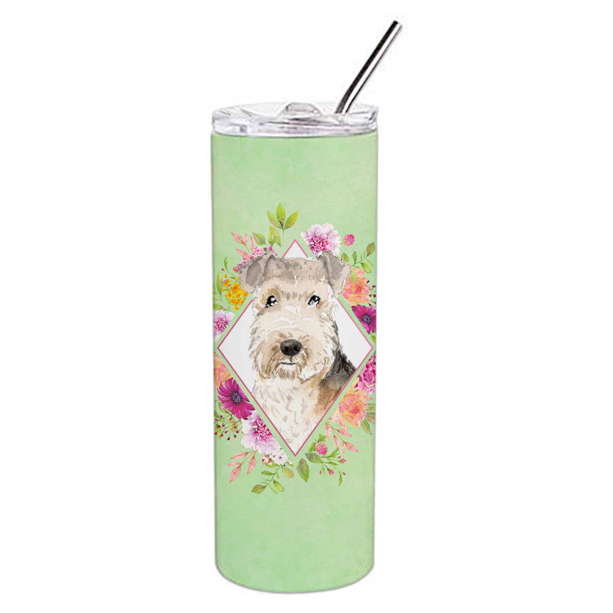 Picture of Carolines Treasures CK4386TBL20 20 oz Lakeland Terrier Green Flowers Double Walled Stainless Steel Skinny Tumbler