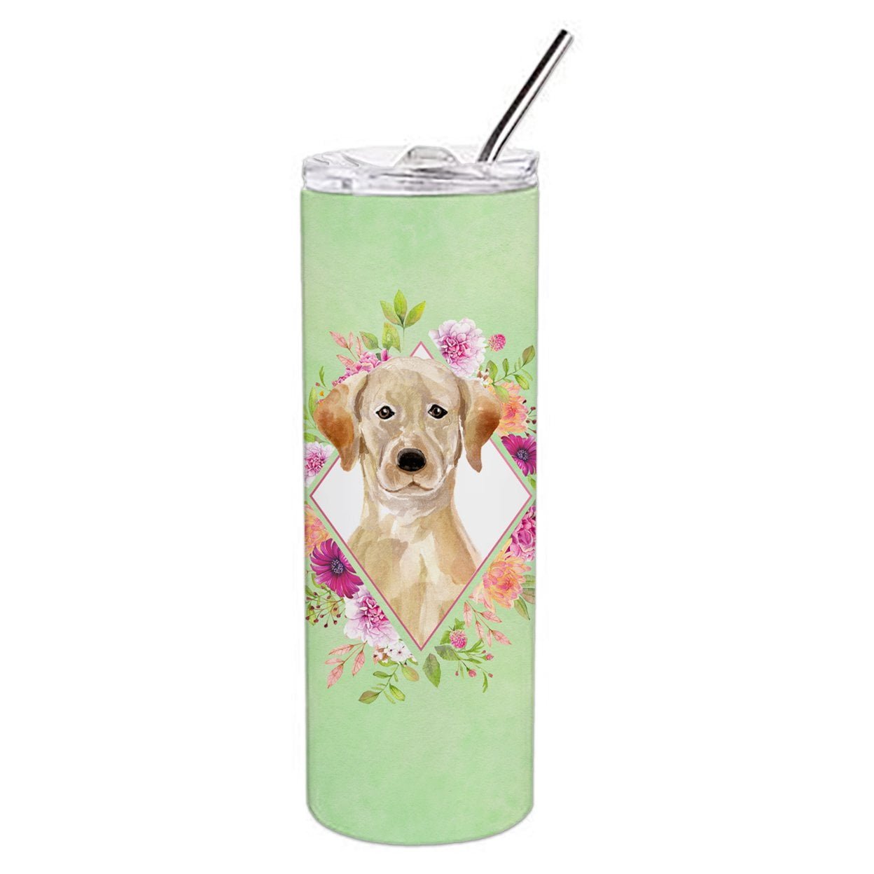 20 oz Yellow Lab Green Flowers Double Walled Stainless Steel Skinny Tumbler -  CoolCookware, CO2878813