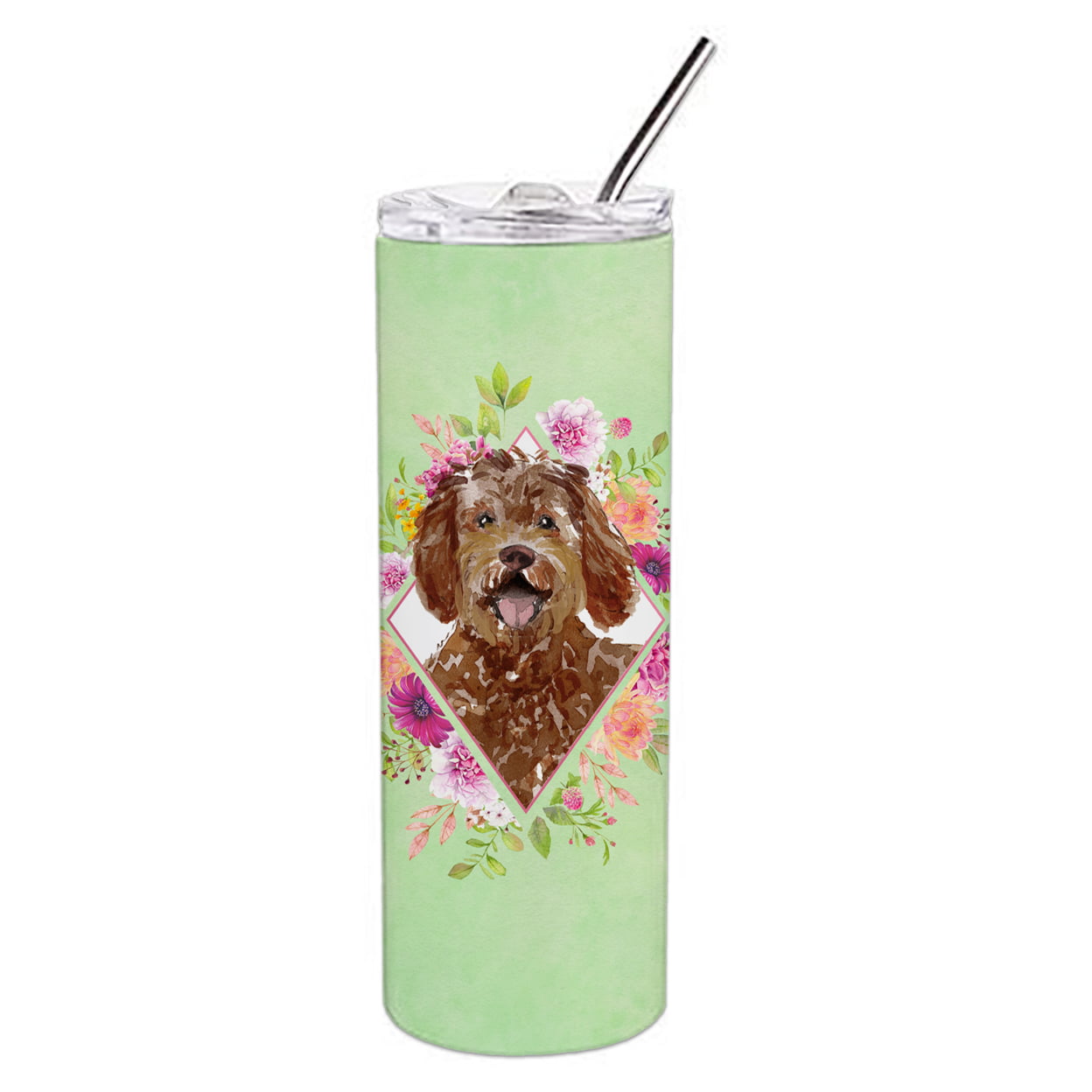 Picture of Carolines Treasures CK4388TBL20 20 oz Labradoodle Green Flowers Double Walled Stainless Steel Skinny Tumbler