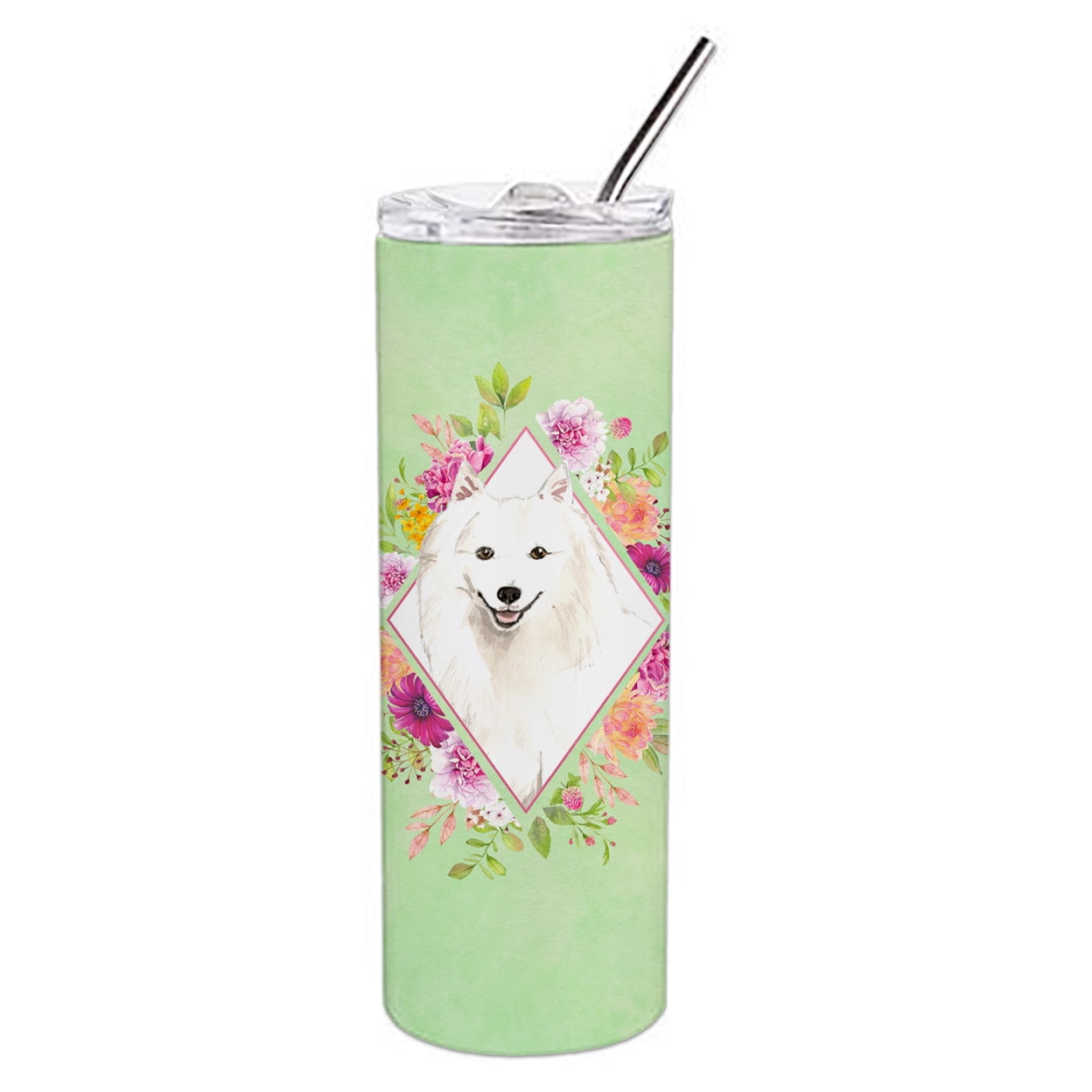 Picture of Carolines Treasures CK4389TBL20 20 oz Japanese Spitz Green Flowers Double Walled Stainless Steel Skinny Tumbler