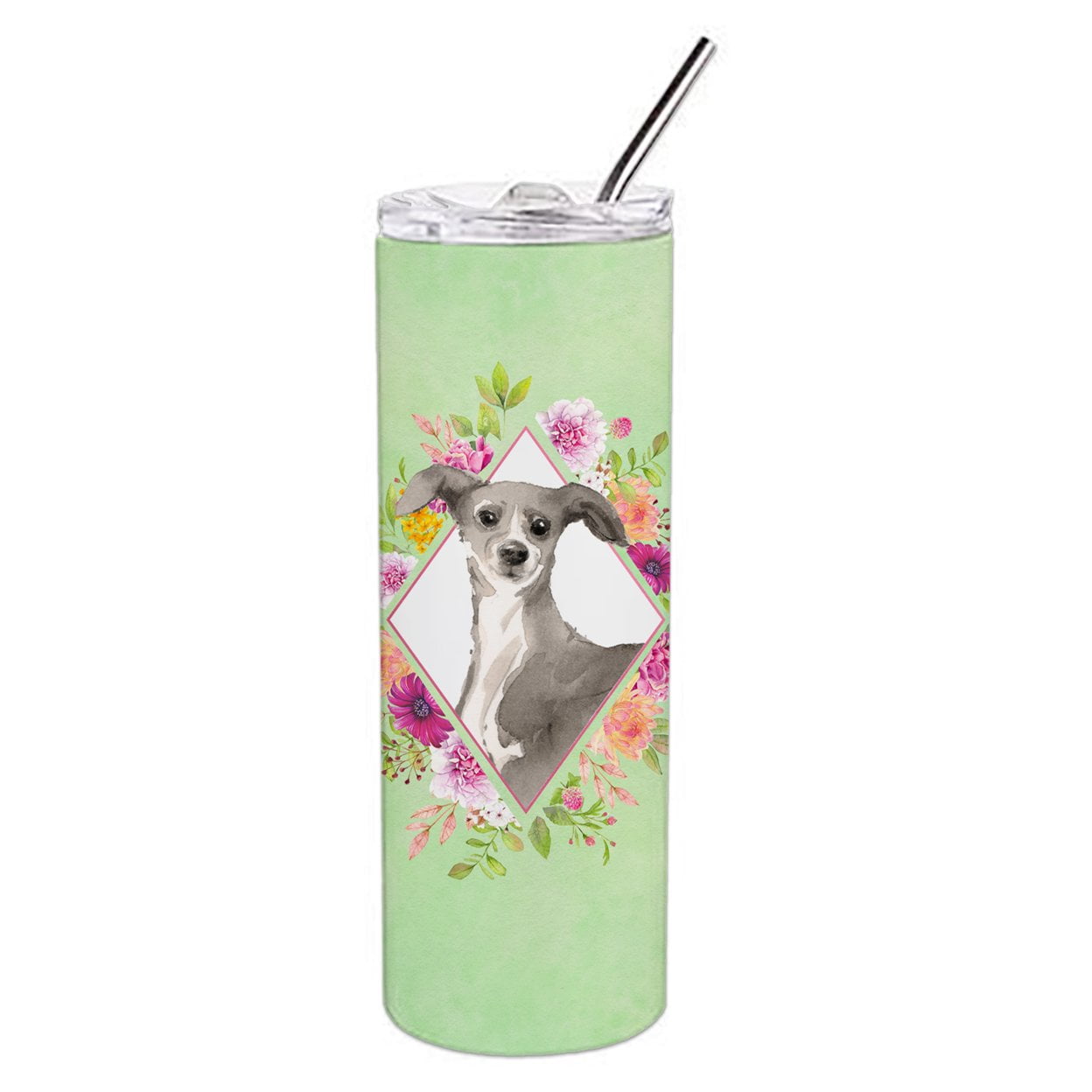 Picture of Carolines Treasures CK4390TBL20 20 oz Italian Greyhound Green Flowers Double Walled Stainless Steel Skinny Tumbler
