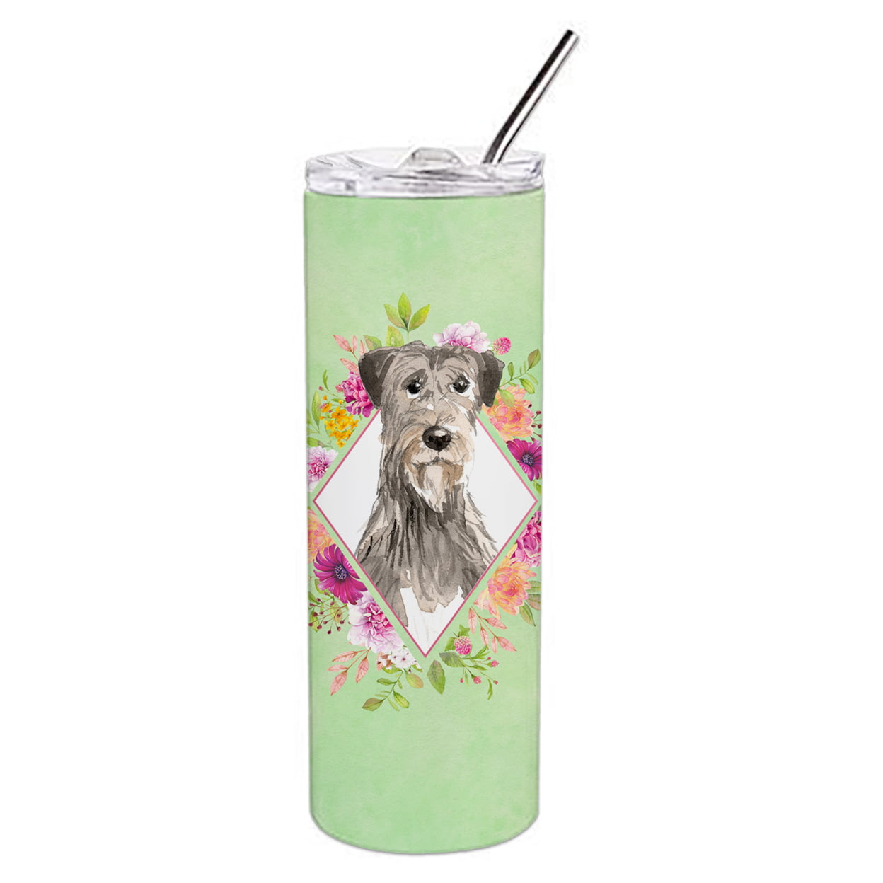 Picture of Carolines Treasures CK4391TBL20 20 oz Irish Wolfhound Green Flowers Double Walled Stainless Steel Skinny Tumbler