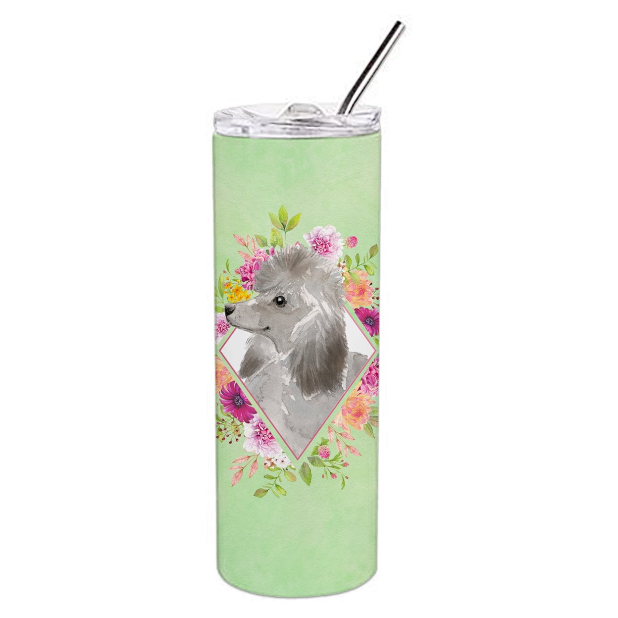 Picture of Carolines Treasures CK4393TBL20 20 oz Grey Standard Poodle Green Flowers Double Walled Stainless Steel Skinny Tumbler
